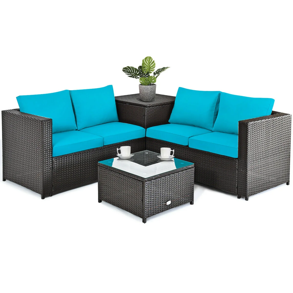 4 Piece Outdoor Patio Rattan Furniture Set, Turquoise - Image 4