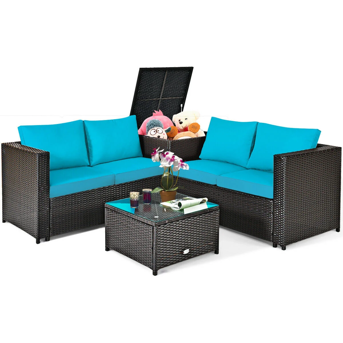 4 Piece Outdoor Patio Rattan Furniture Set, Turquoise - Image 5