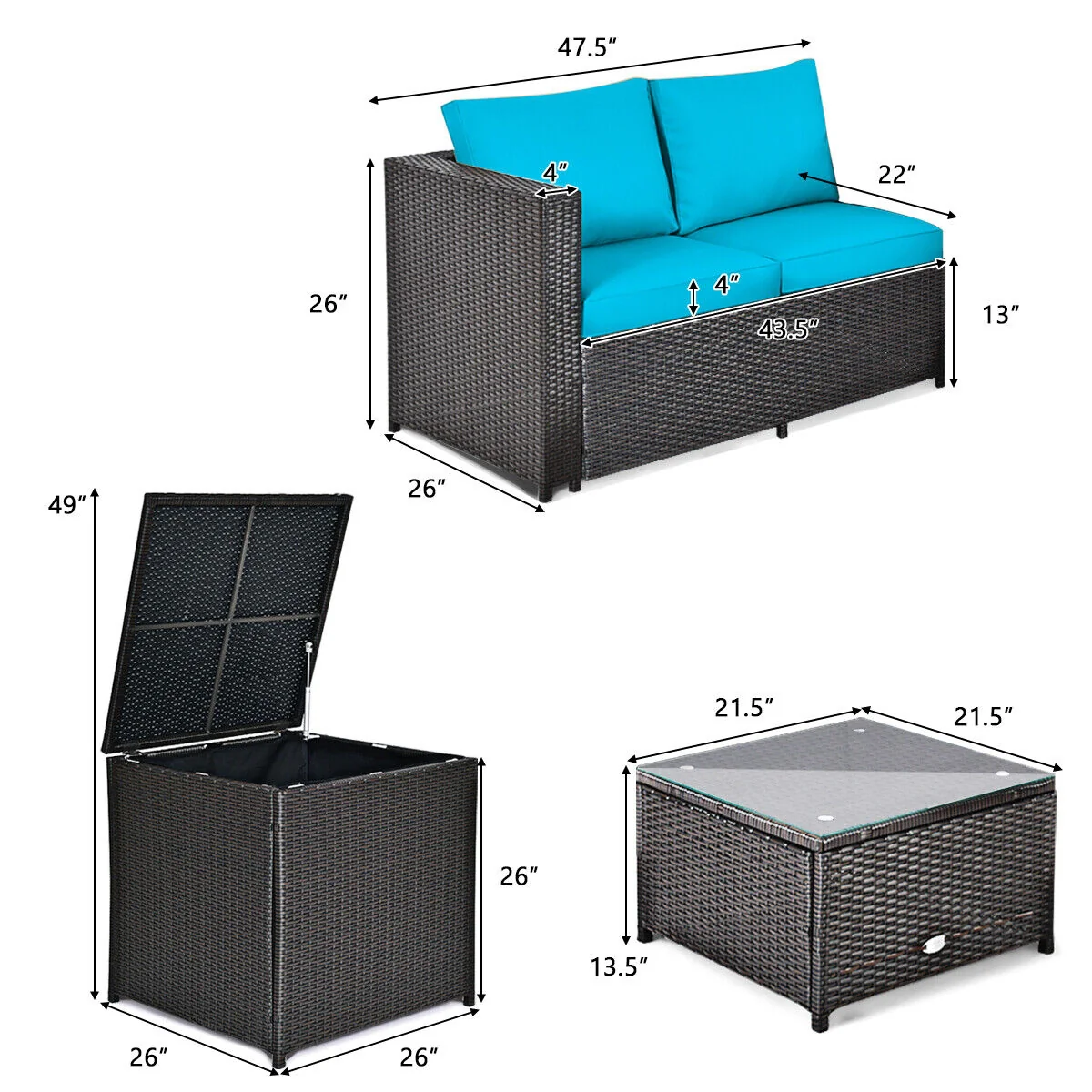4 Piece Outdoor Patio Rattan Furniture Set, Turquoise - Image 6