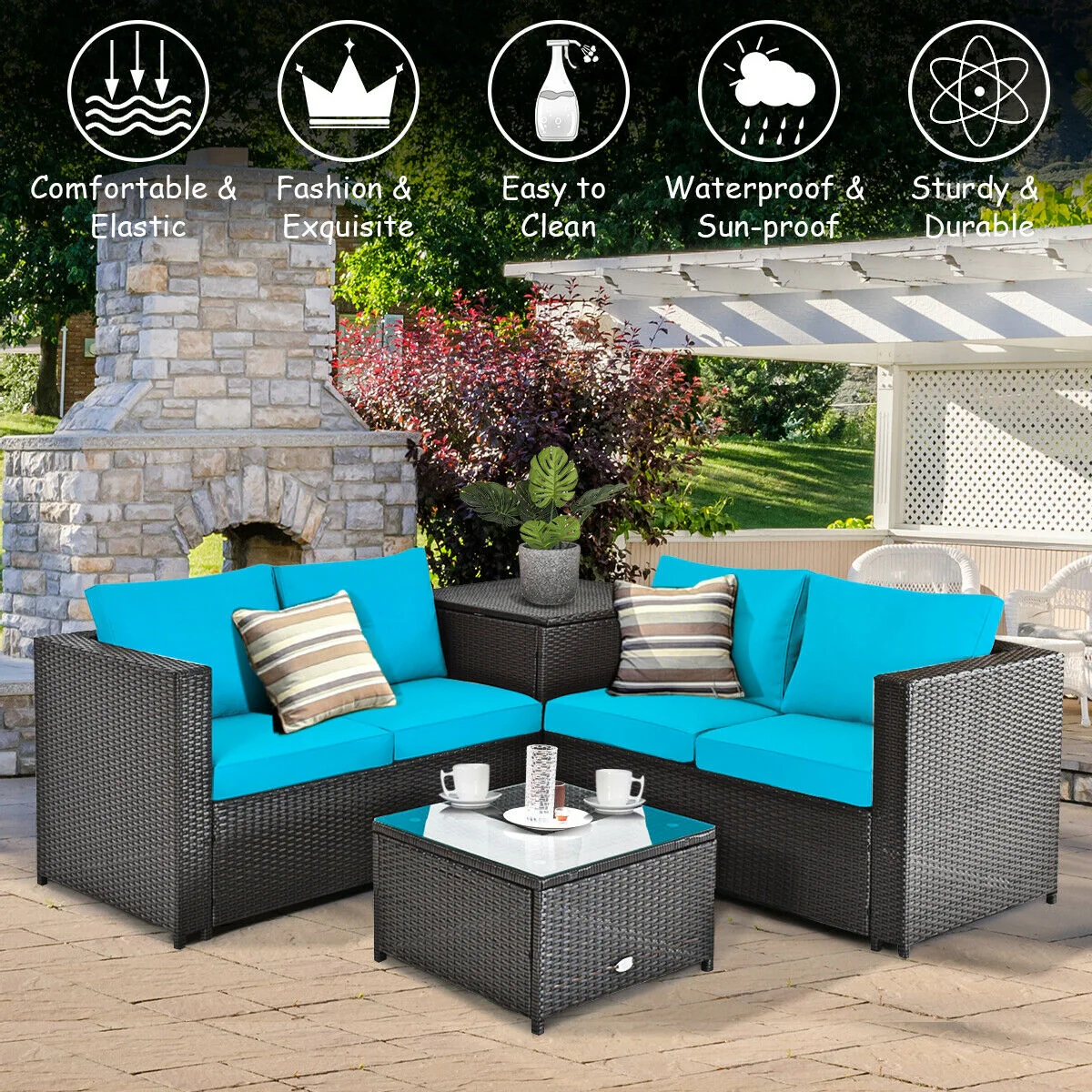 4 Piece Outdoor Patio Rattan Furniture Set, Turquoise - Image 7
