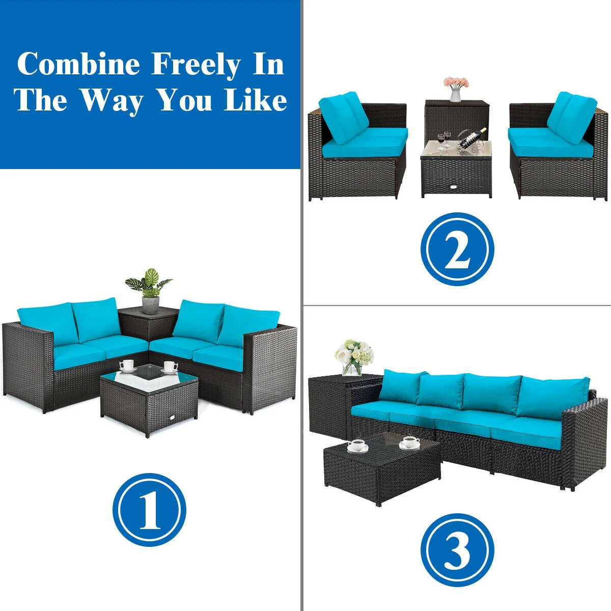 4 Piece Outdoor Patio Rattan Furniture Set, Turquoise - Image 8