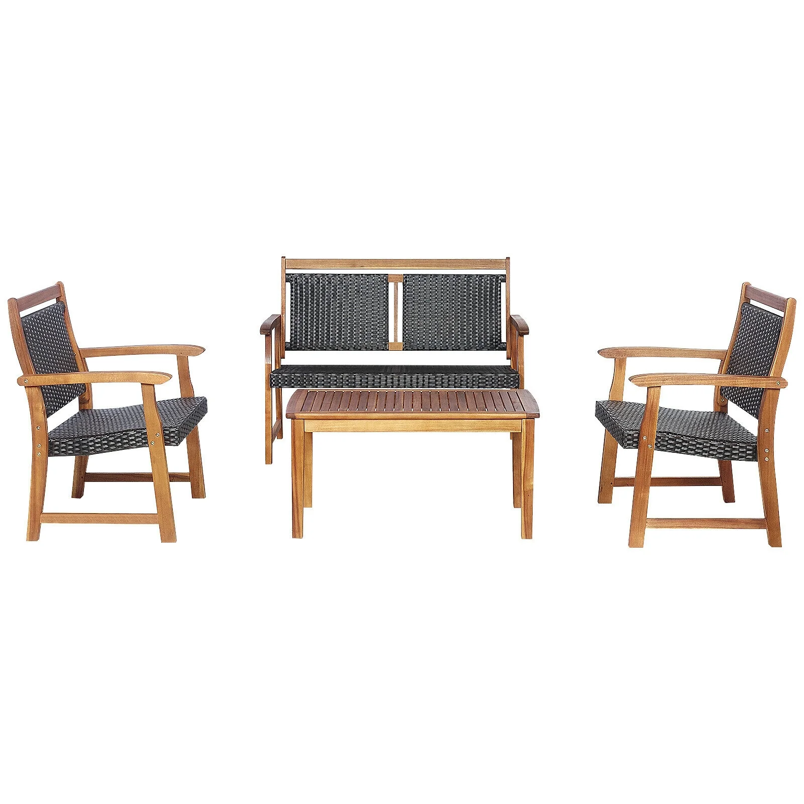 4 Piece Outdoor Patio Rattan Sofa Set, Acacia Wood Frame, Brown