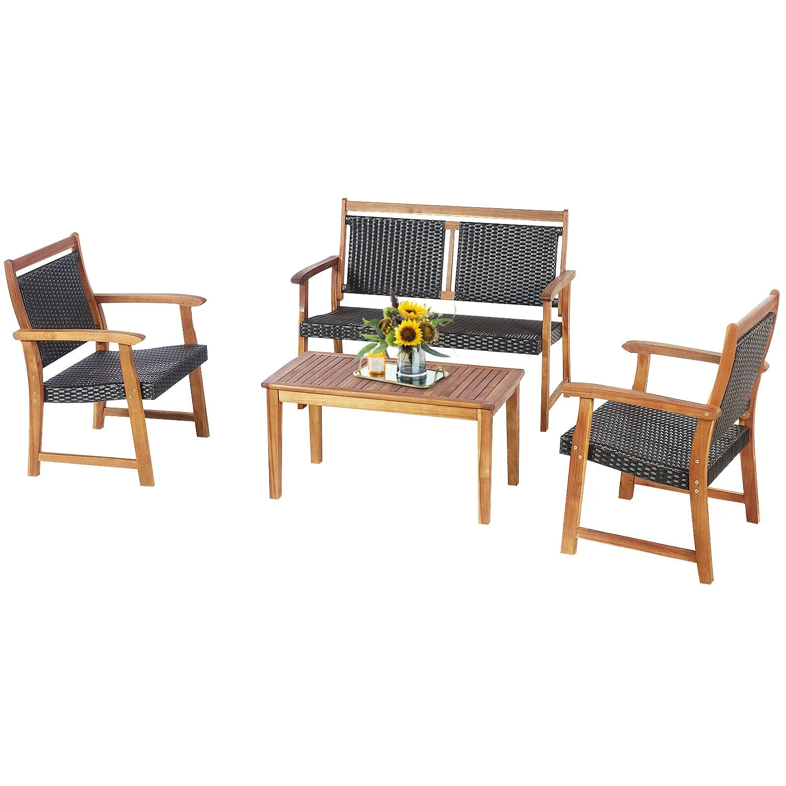 4 Piece Outdoor Patio Rattan Sofa Set, Acacia Wood Frame, Brown - Image 10