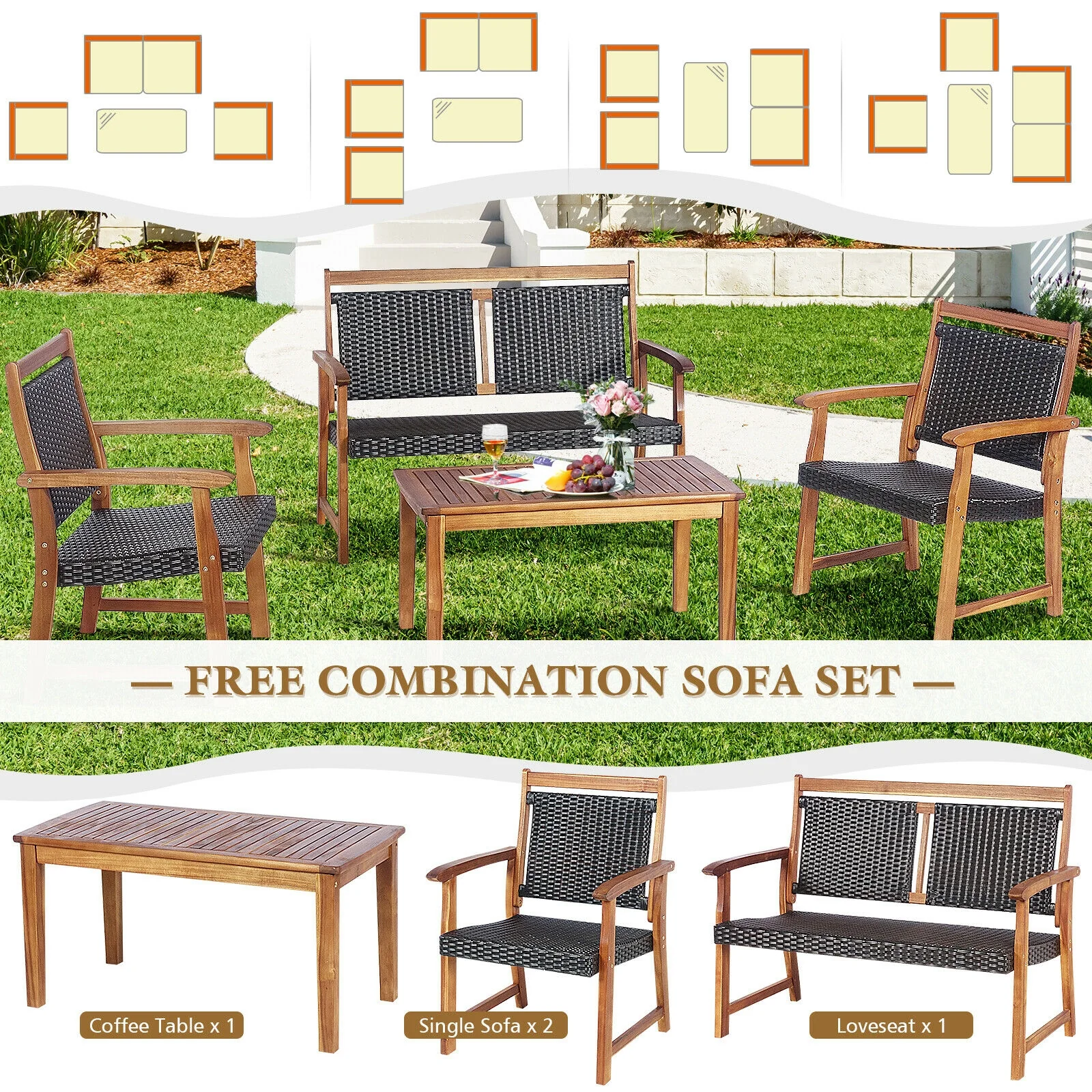 4 Piece Outdoor Patio Rattan Sofa Set, Acacia Wood Frame, Brown - Image 3
