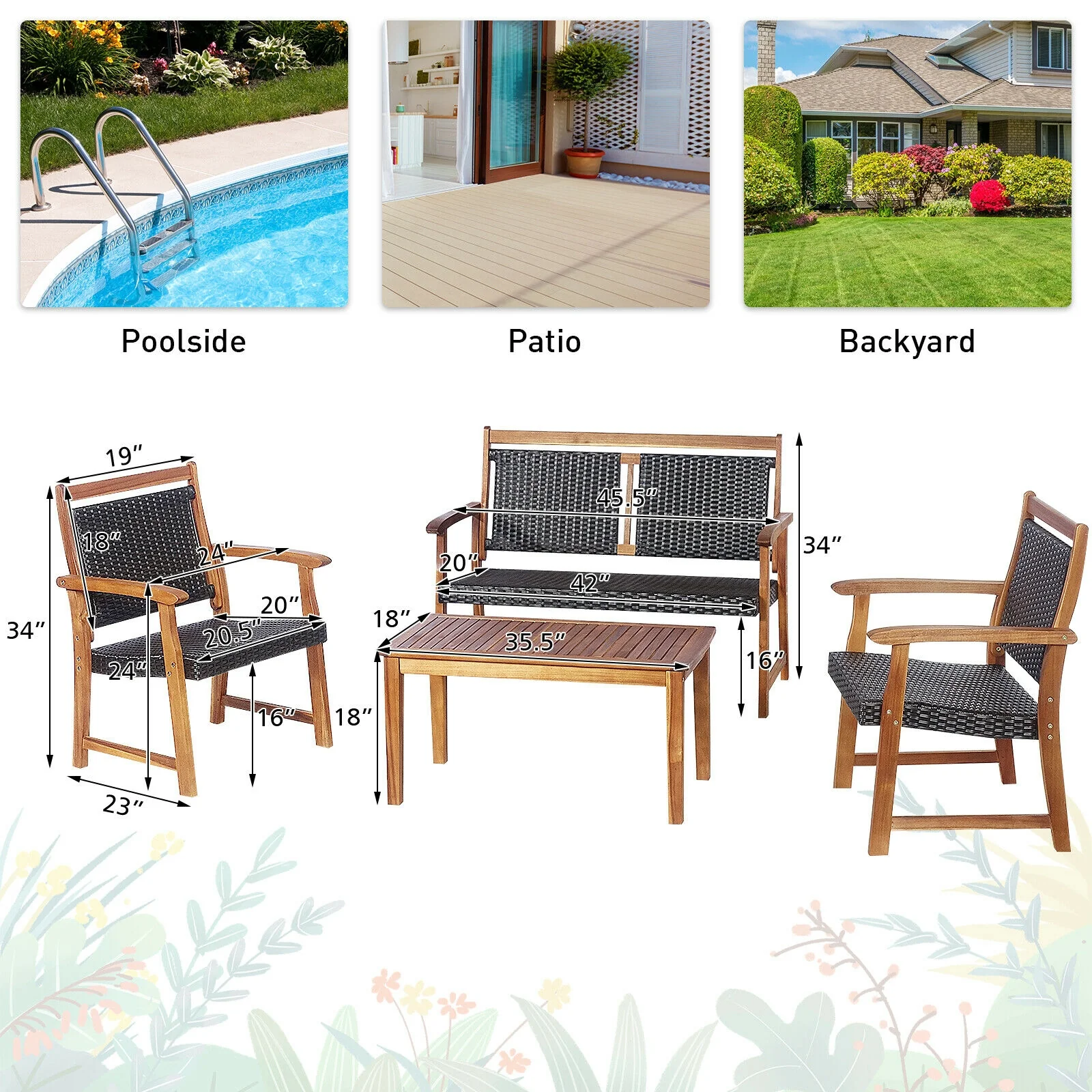 4 Piece Outdoor Patio Rattan Sofa Set, Acacia Wood Frame, Brown - Image 5