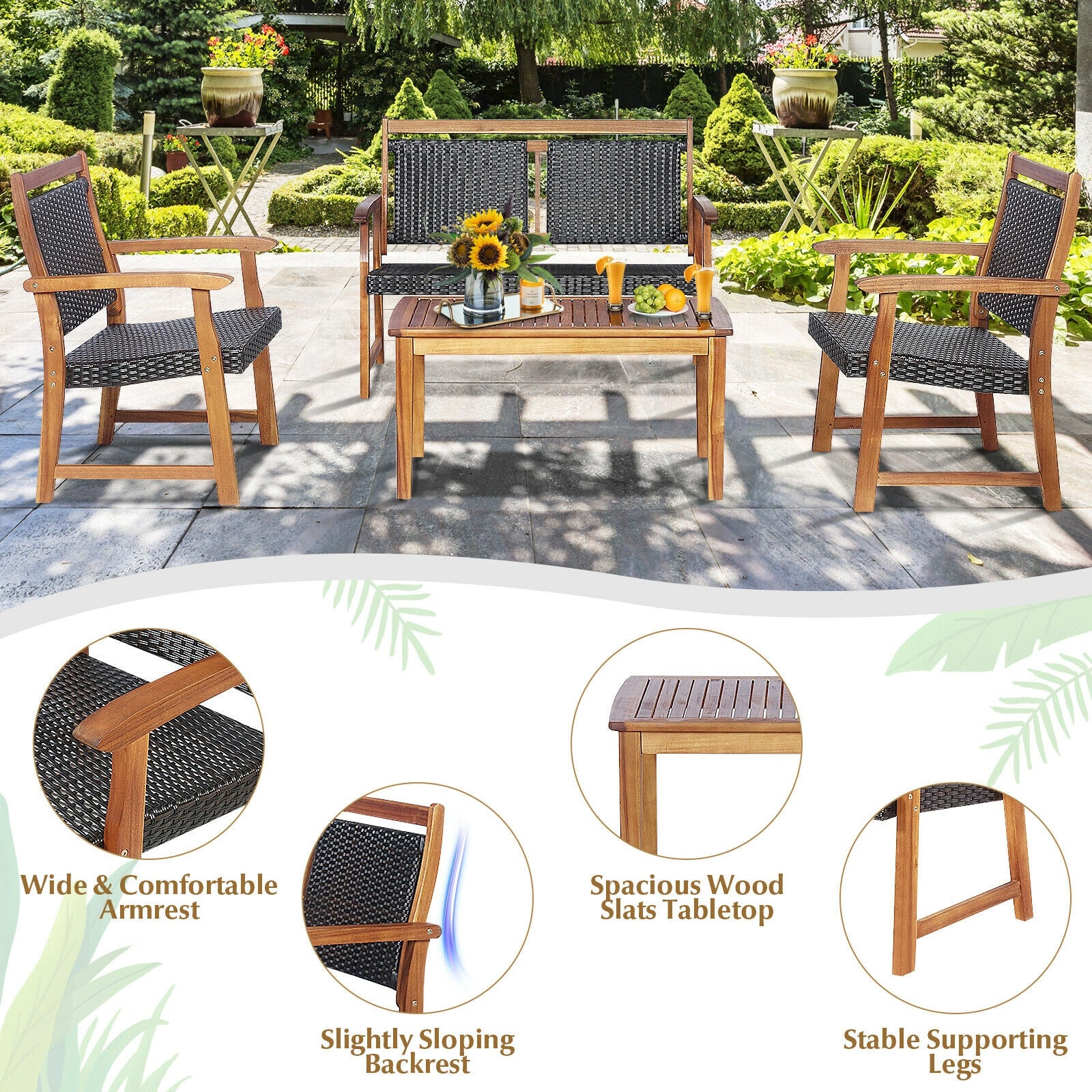 4 Piece Outdoor Patio Rattan Sofa Set, Acacia Wood Frame, Brown - Image 6