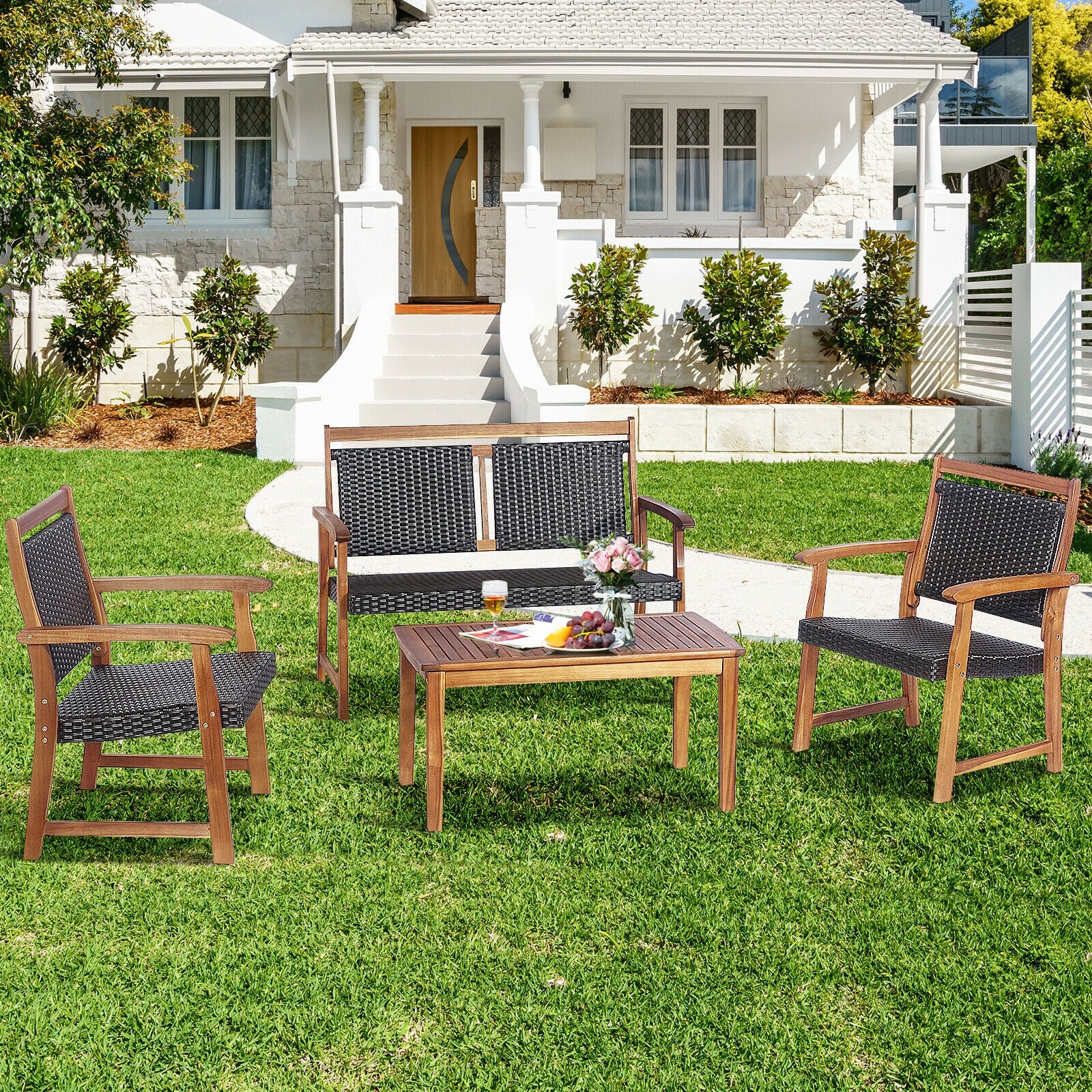 4 Piece Outdoor Patio Rattan Sofa Set, Acacia Wood Frame, Brown - Image 7