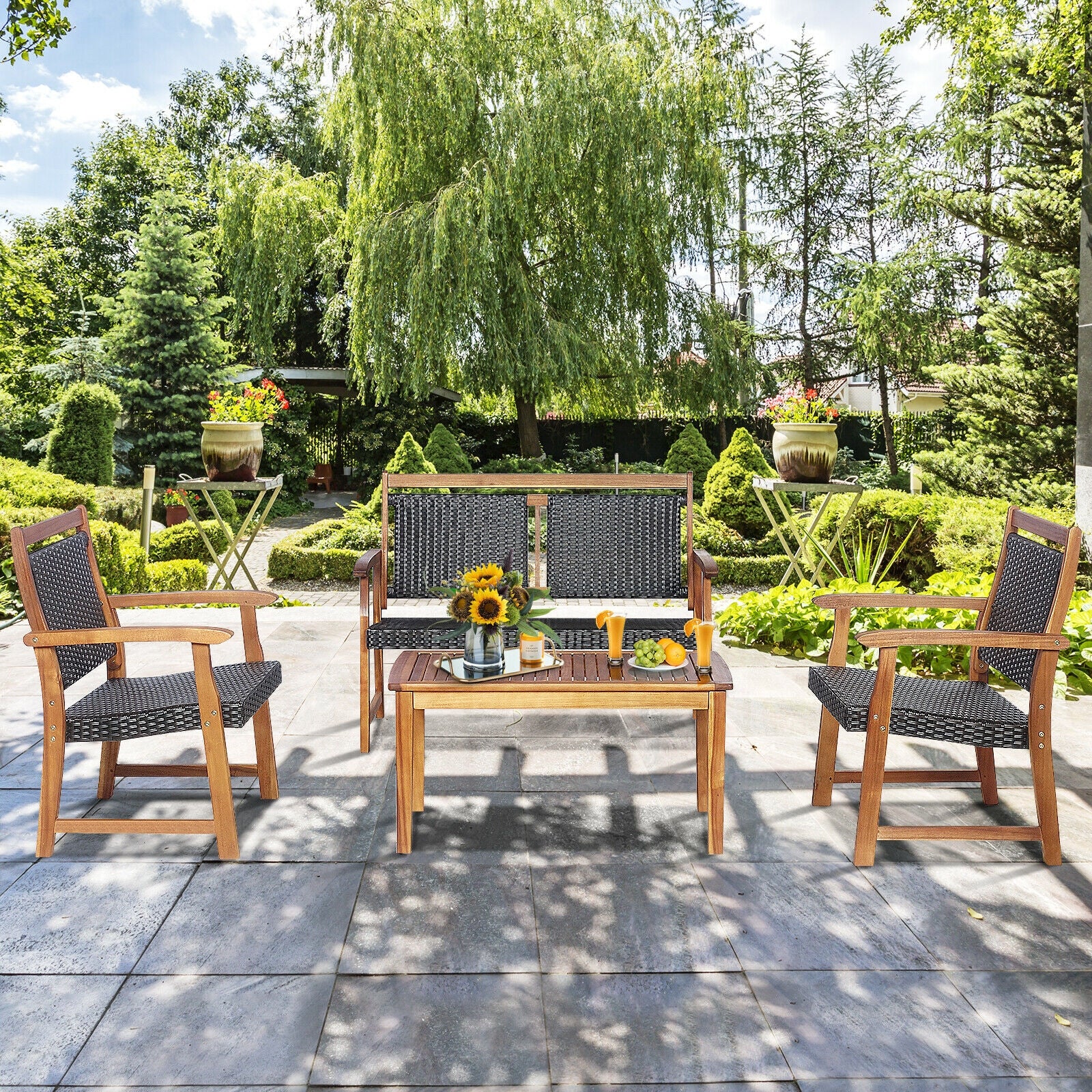 4 Piece Outdoor Patio Rattan Sofa Set, Acacia Wood Frame, Brown - Image 8