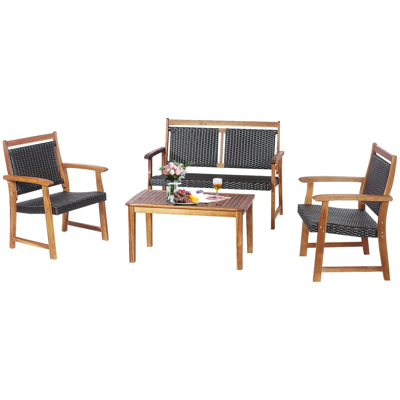 4 Piece Outdoor Patio Rattan Sofa Set, Acacia Wood Frame, Brown - Image 9