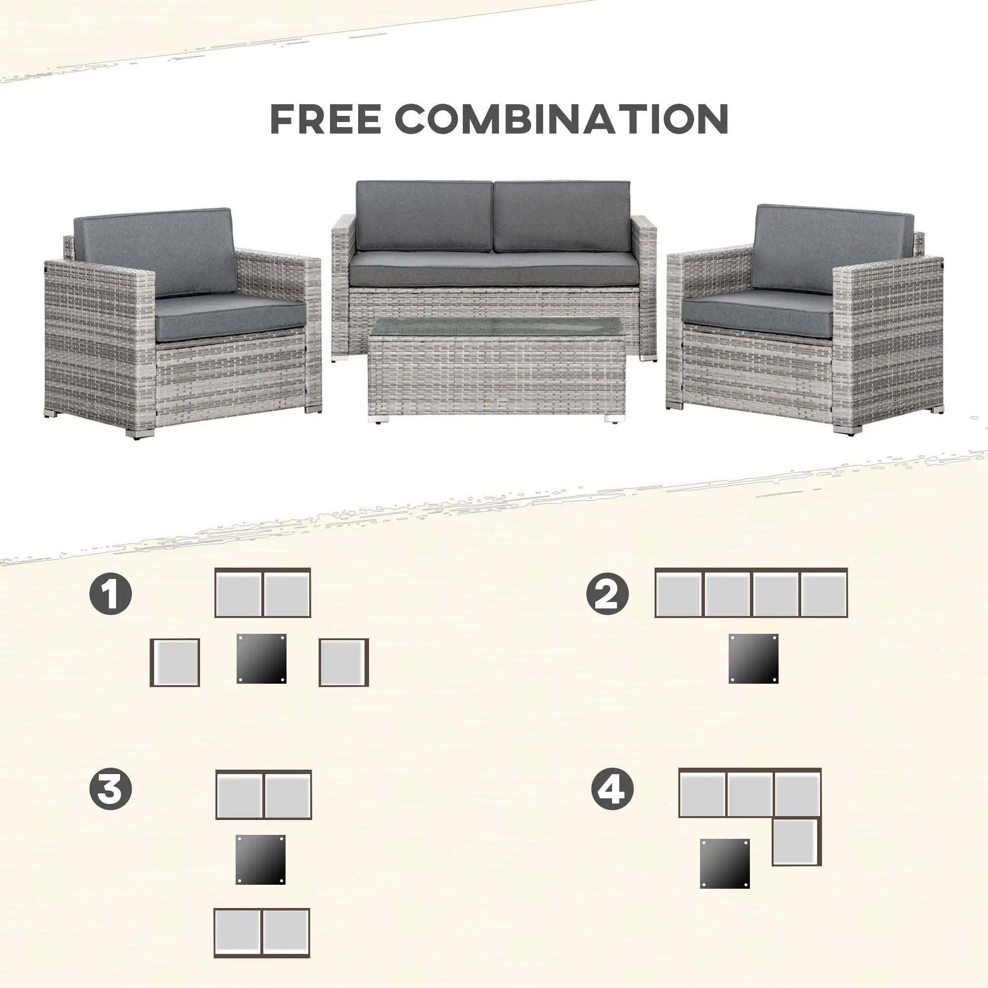 4-Piece Outdoor PE Rattan Sofa Set, Extra Wide Seat, Mixed Grey - Image 7