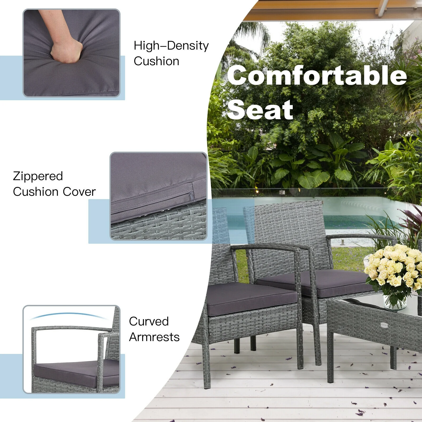 4 Piece Outdoor Rattan Conversation Set, Cushion, Gray - Image 10