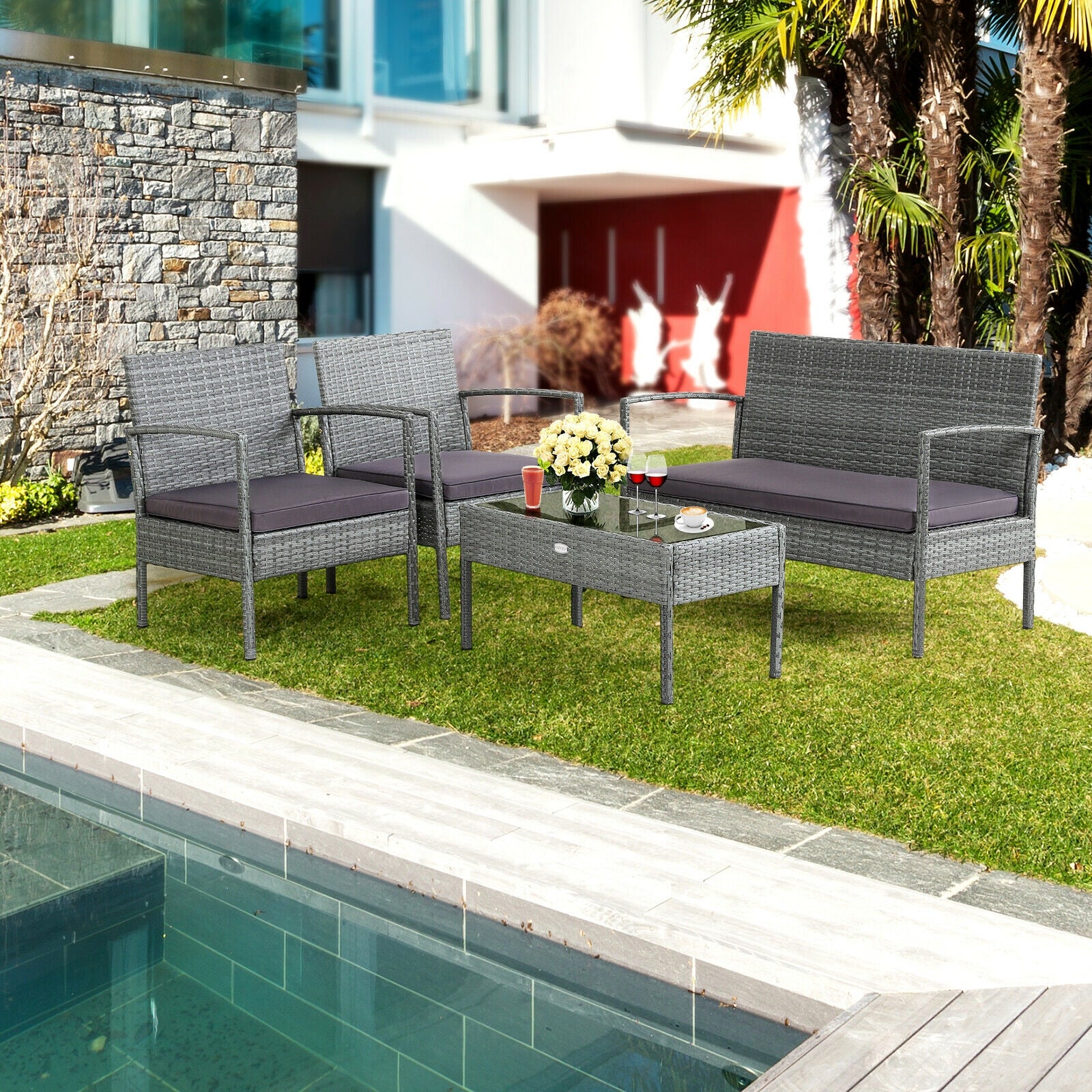 4 Piece Outdoor Rattan Conversation Set, Cushion, Gray - Image 3