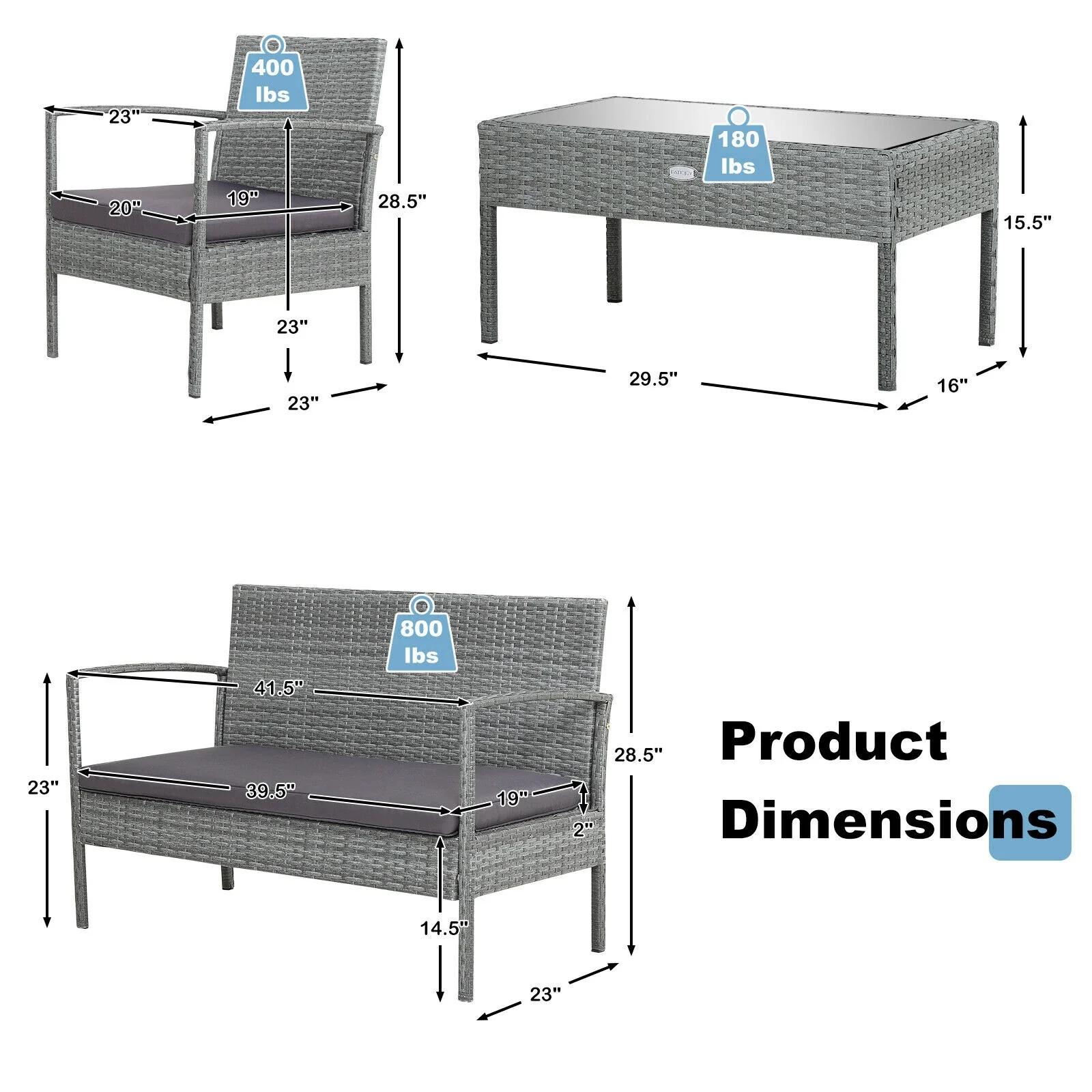 4 Piece Outdoor Rattan Conversation Set, Cushion, Gray - Image 6