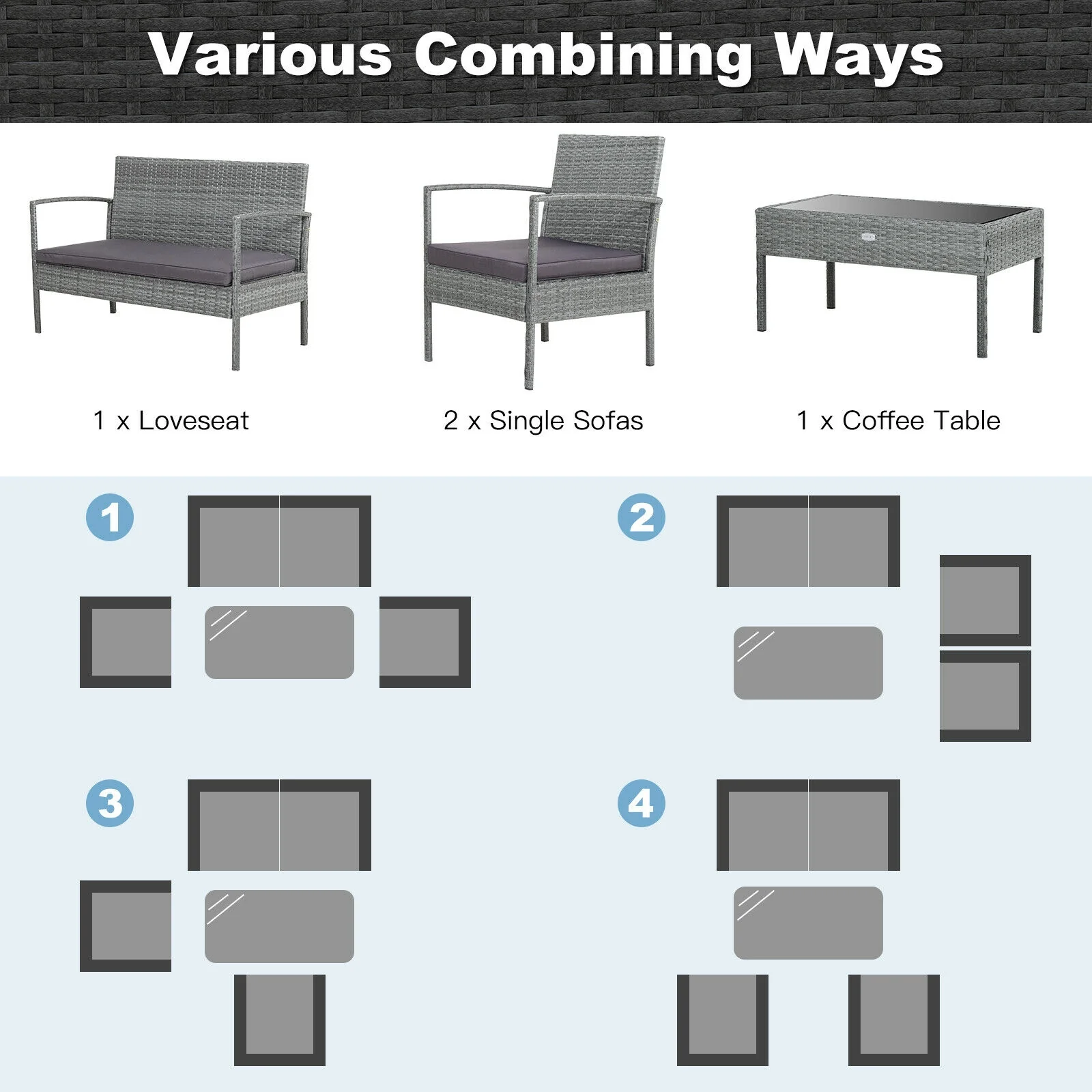 4 Piece Outdoor Rattan Conversation Set, Cushion, Gray - Image 8