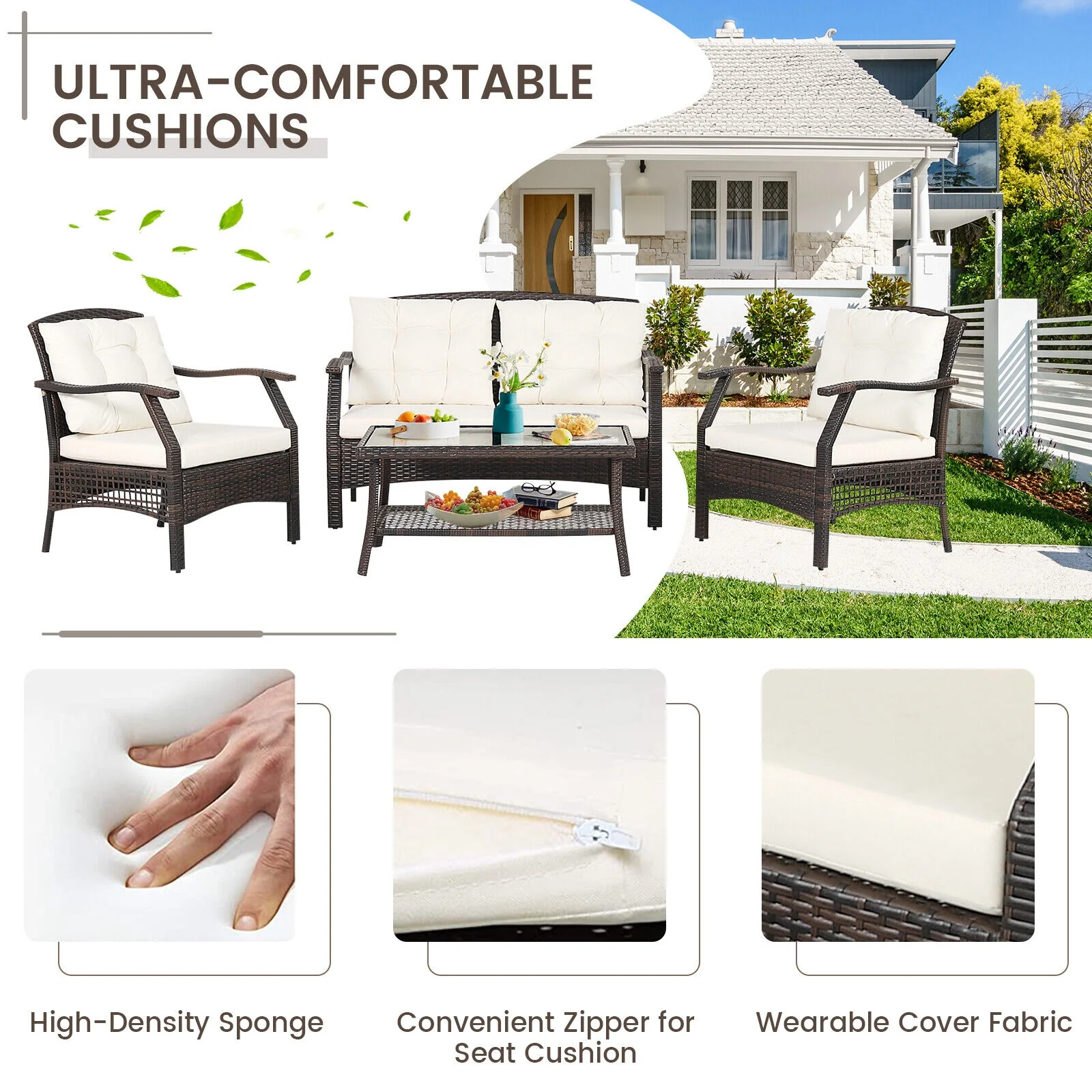 4 Piece Outdoor Rattan Conversation Set, With Protective Cover, Espresso - Image 10