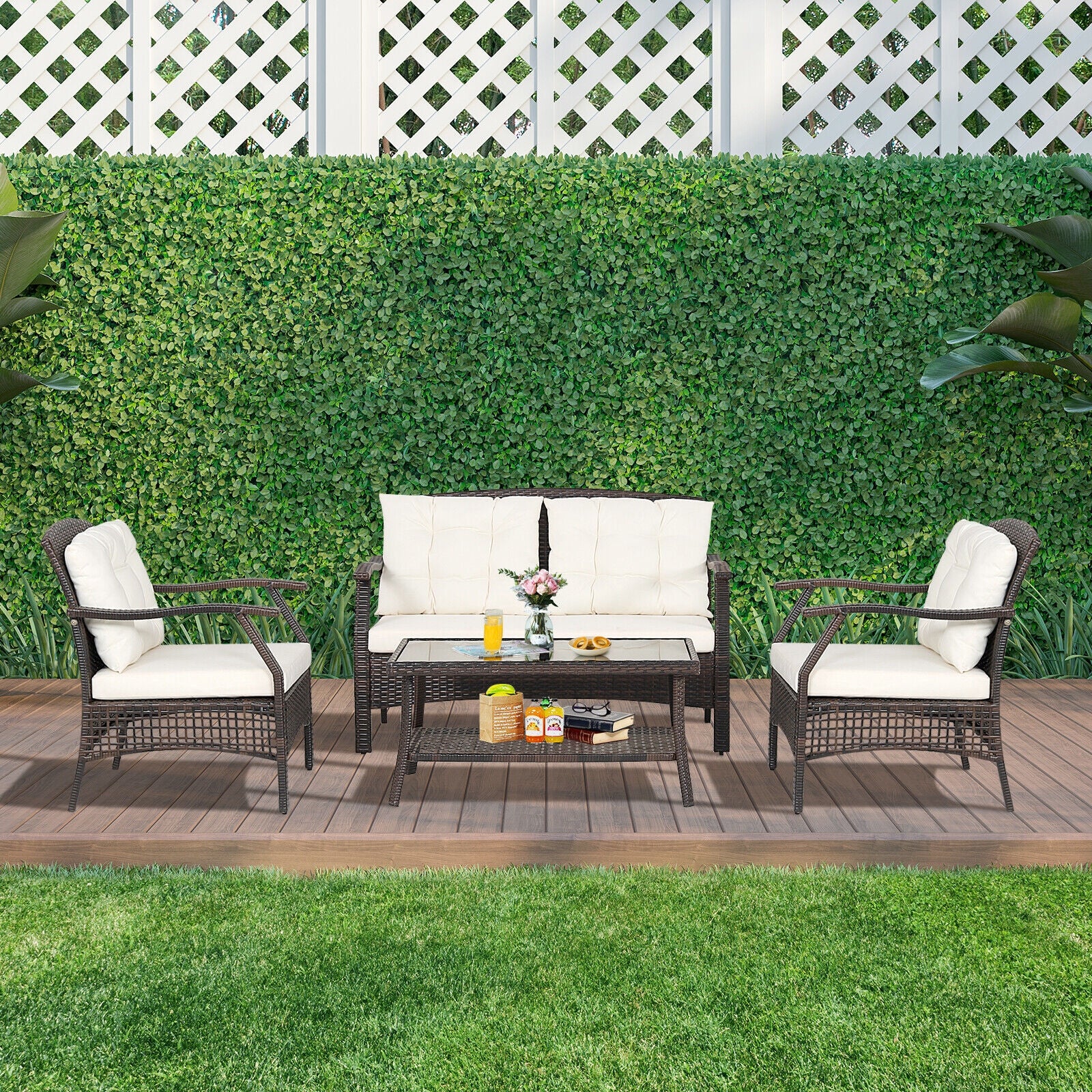 4 Piece Outdoor Rattan Conversation Set, With Protective Cover, Espresso - Image 2