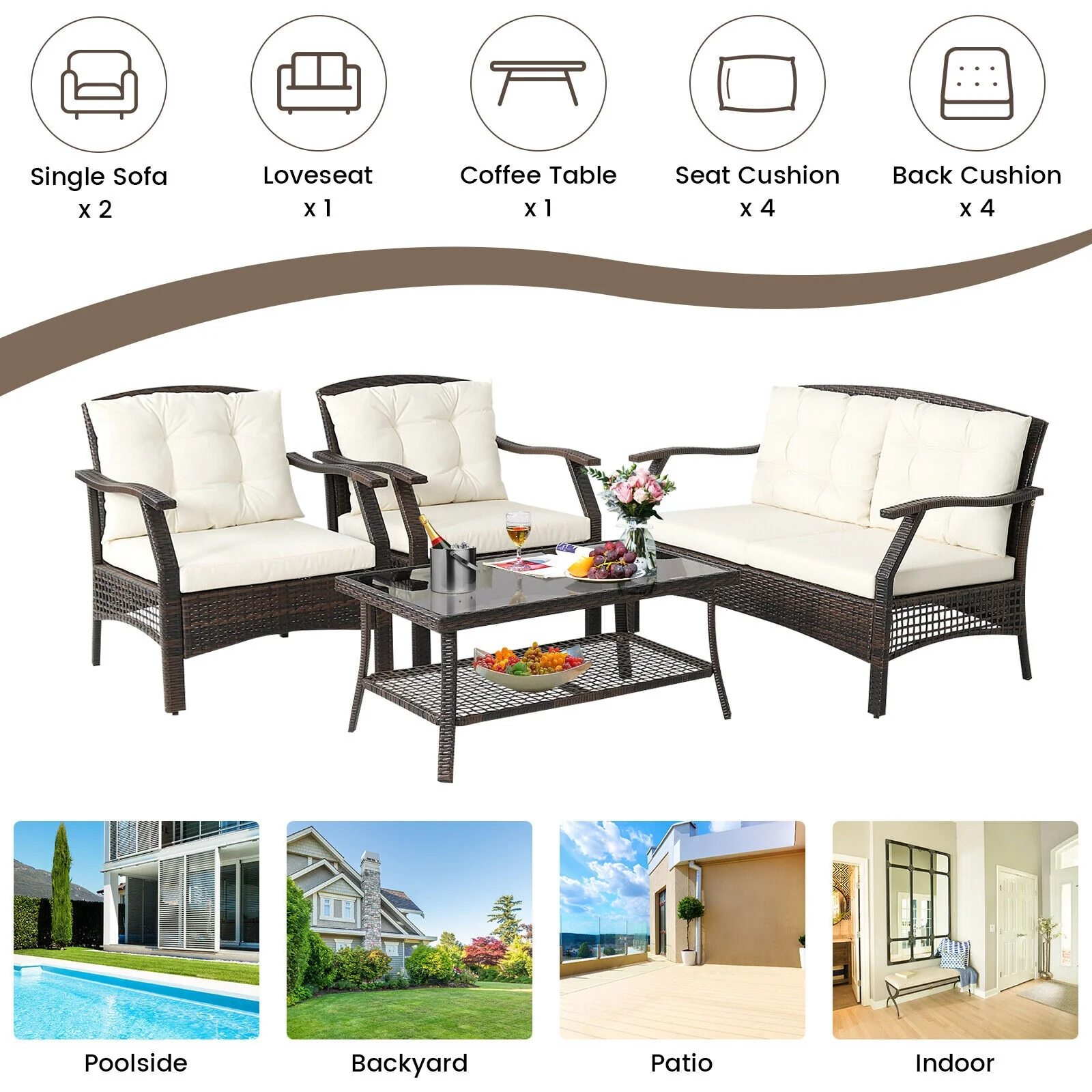 4 Piece Outdoor Rattan Conversation Set, With Protective Cover, Espresso - Image 3