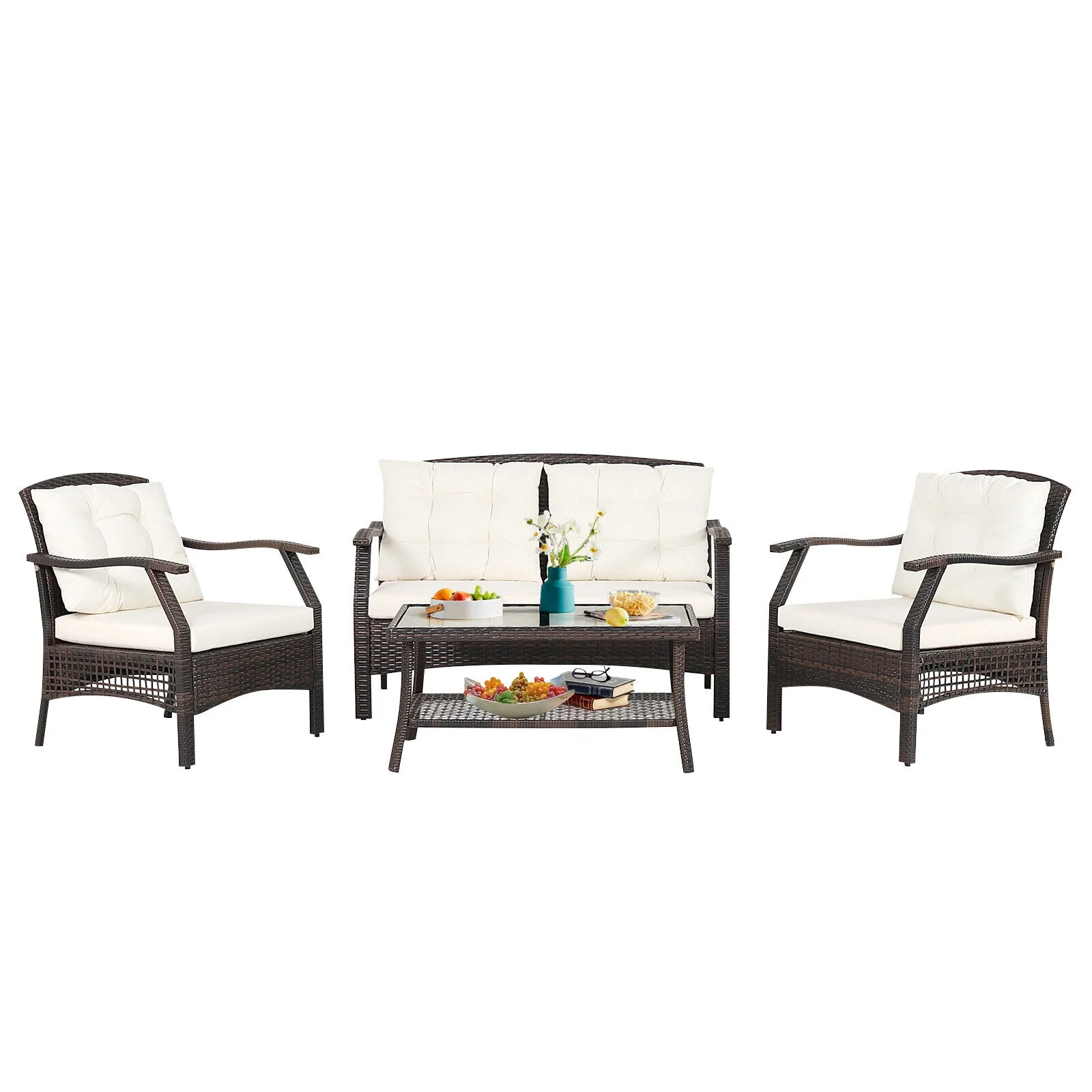 4 Piece Outdoor Rattan Conversation Set, With Protective Cover, Espresso - Image 4
