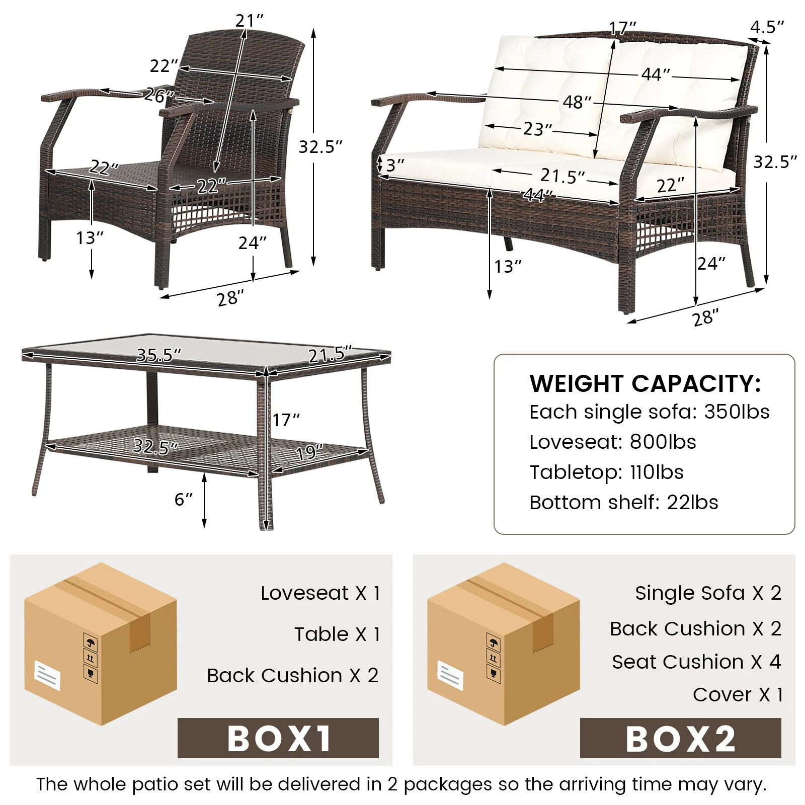 4 Piece Outdoor Rattan Conversation Set, With Protective Cover, Espresso - Image 6