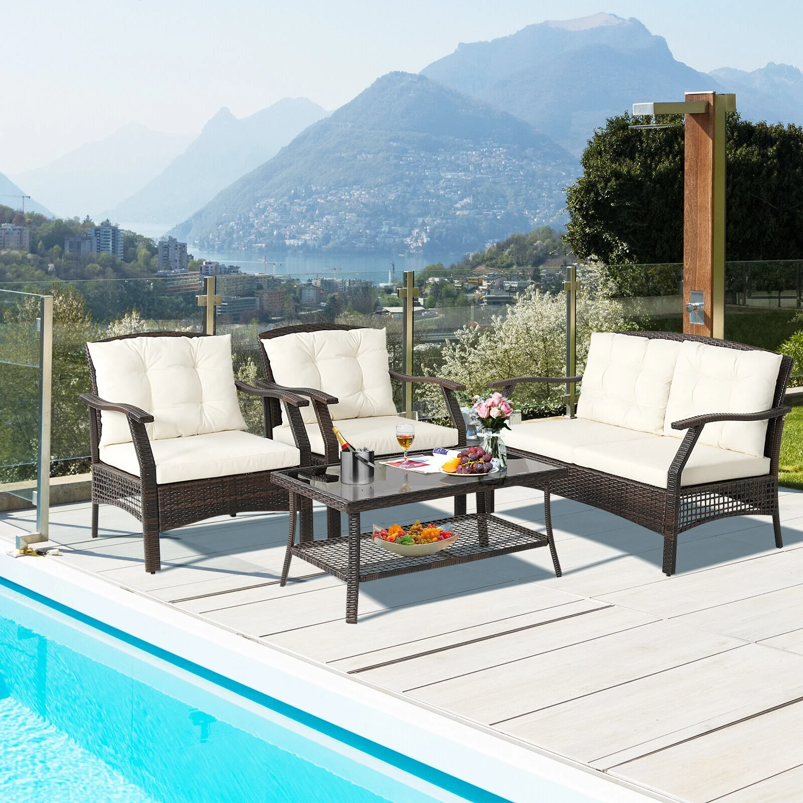 4 Piece Outdoor Rattan Conversation Set, With Protective Cover, Espresso - Image 7