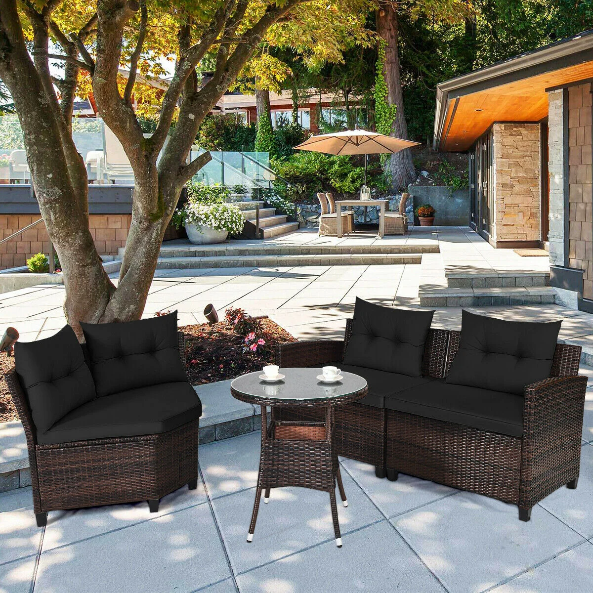 4 Piece Outdoor Rattan Furniture Set, Black - Image 2