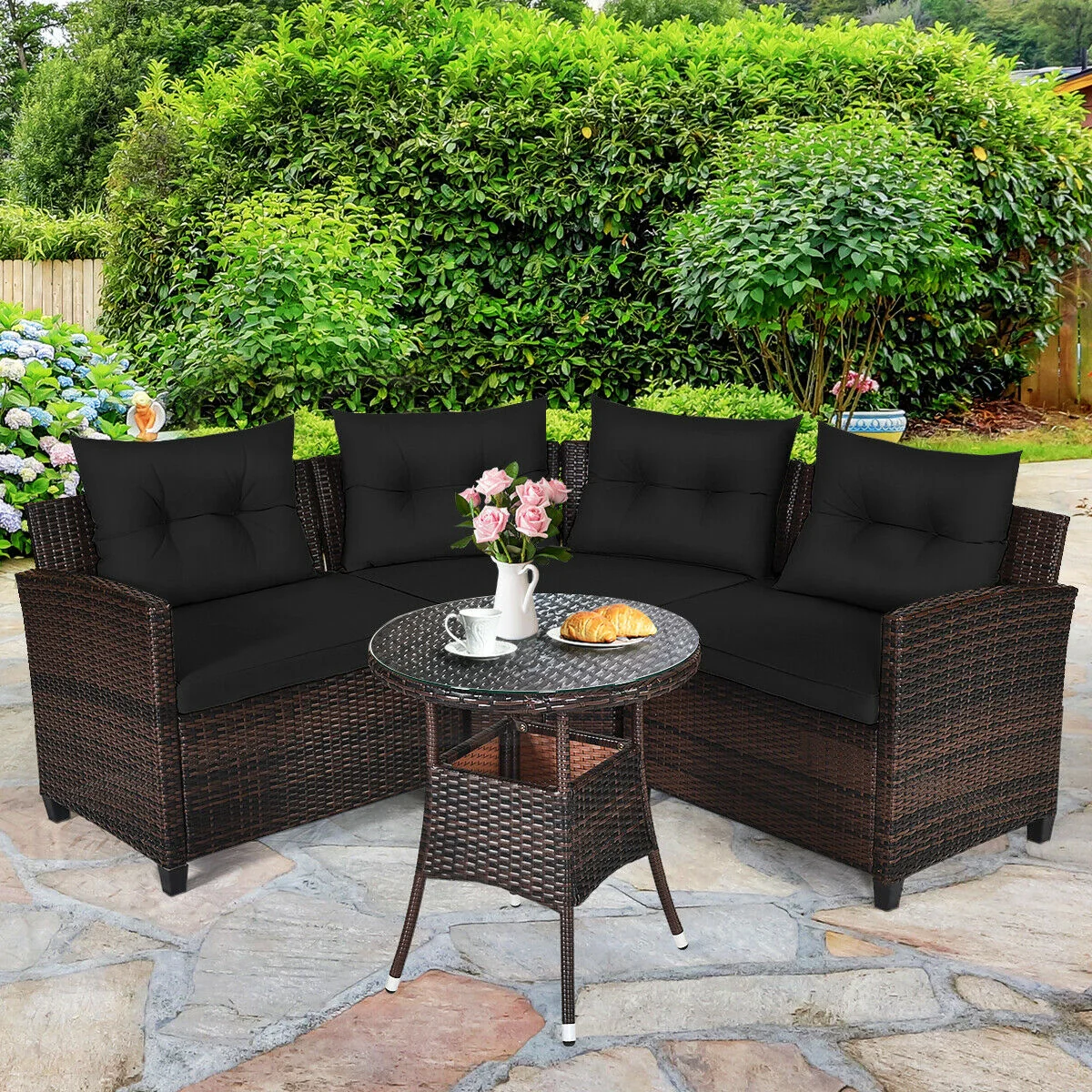 4 Piece Outdoor Rattan Furniture Set, Black - Image 3