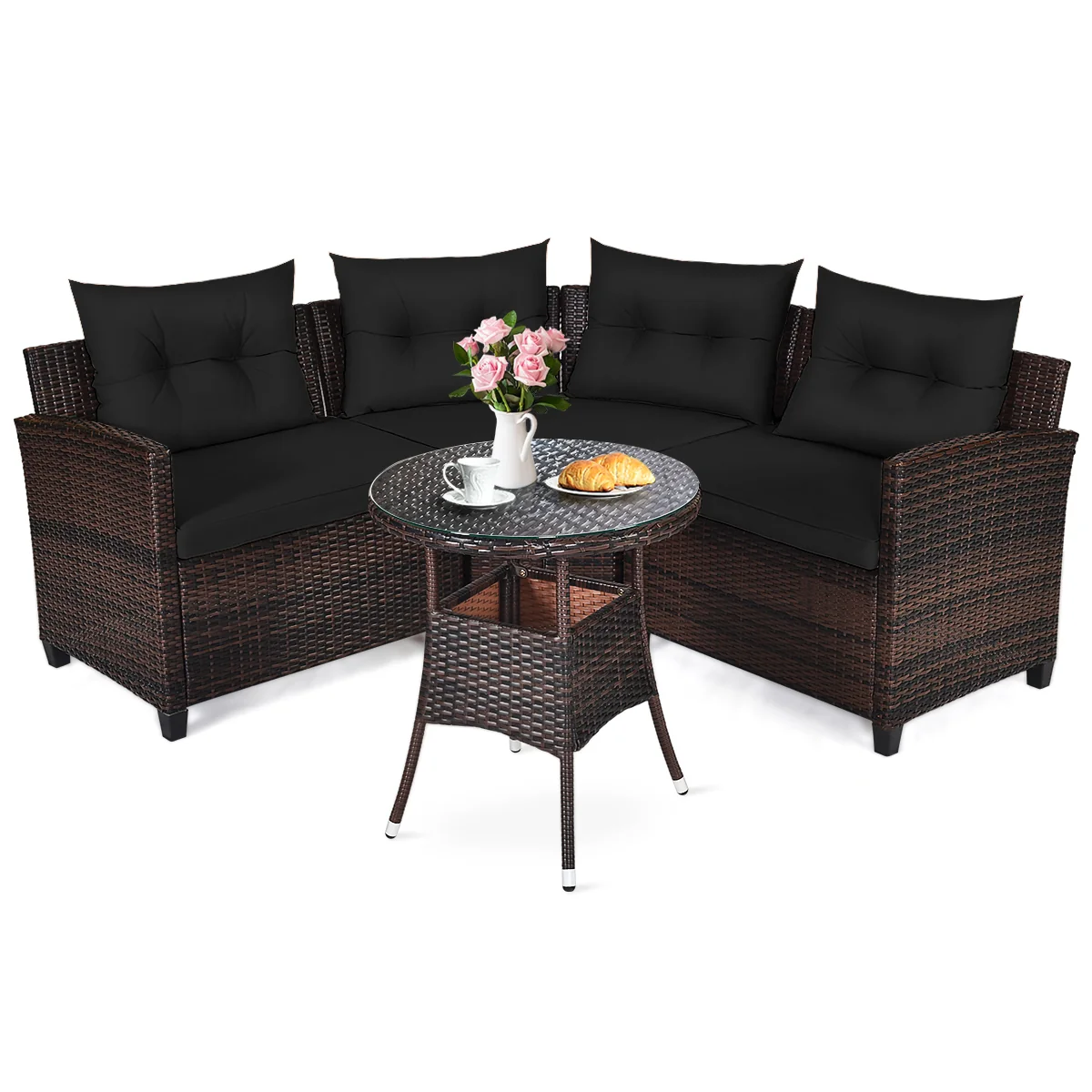 4 Piece Outdoor Rattan Furniture Set, Black - Image 4