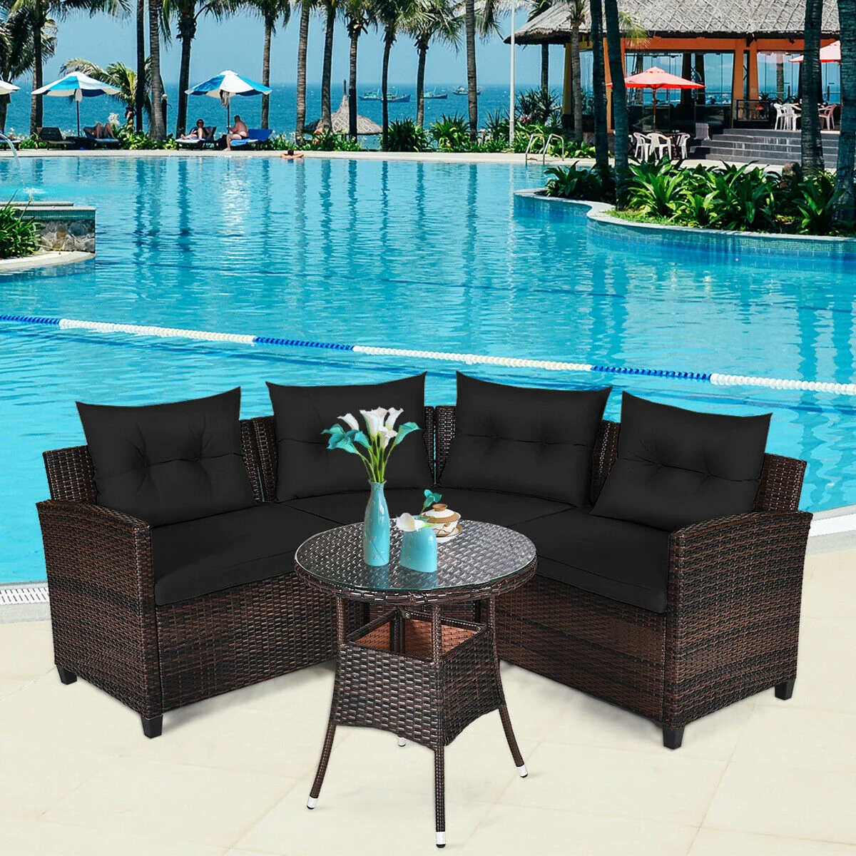 4 Piece Outdoor Rattan Furniture Set, Black - Image 7