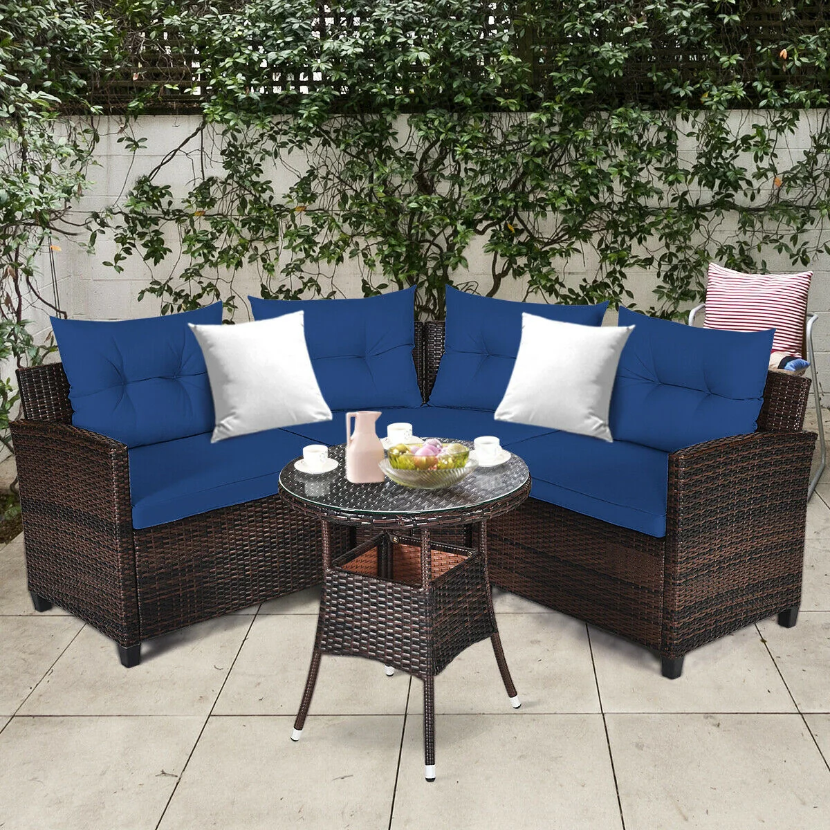 4 Piece Outdoor Rattan Furniture Set, Navy - Image 2