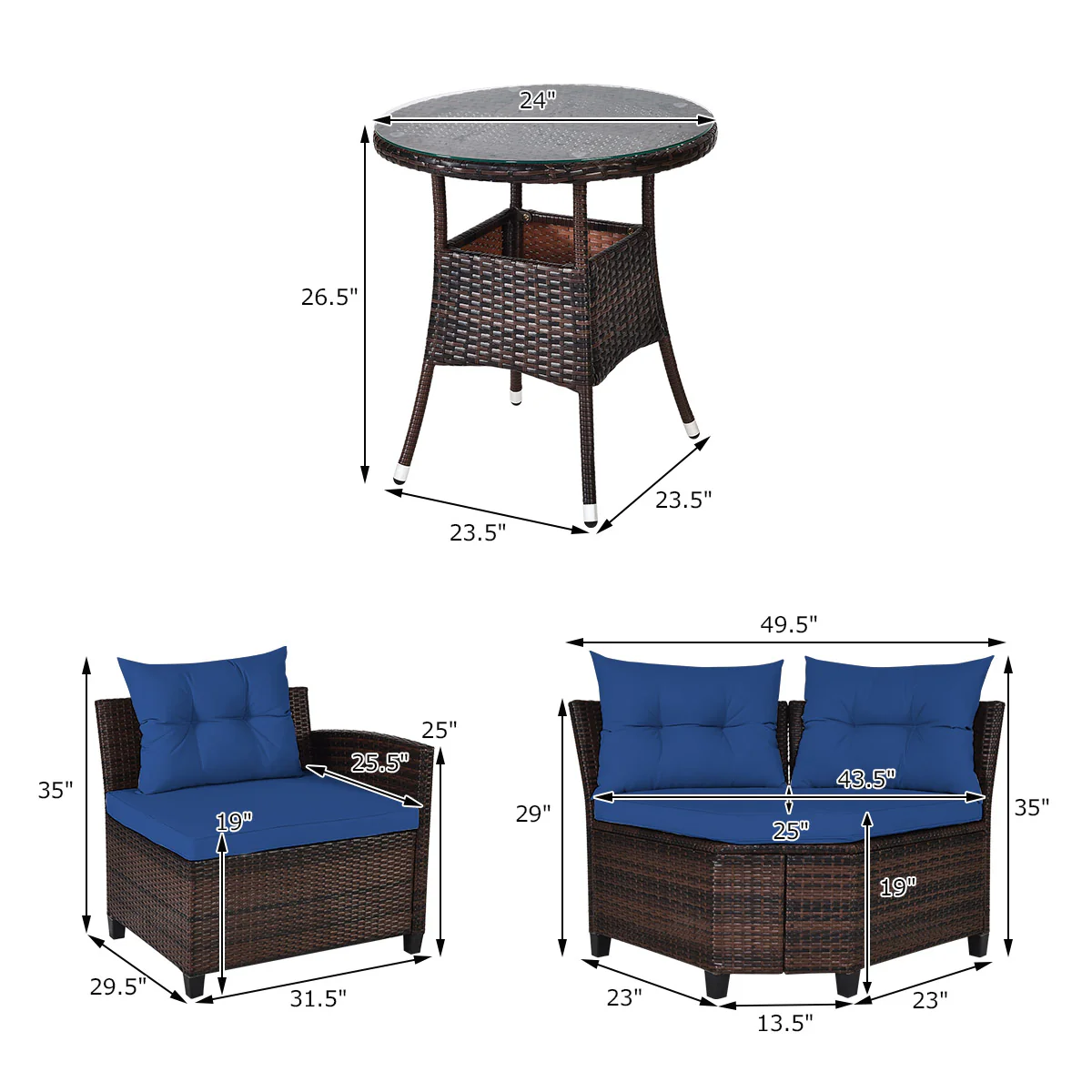 4 Piece Outdoor Rattan Furniture Set, Navy - Image 6