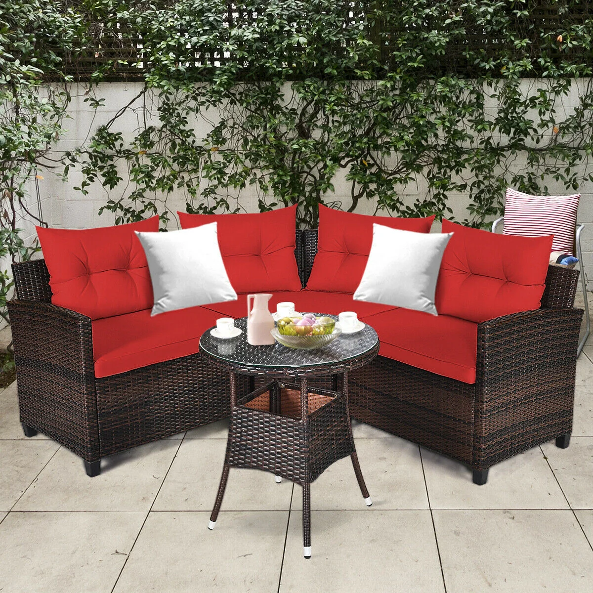 4 Piece Outdoor Rattan Furniture Set, Red - Image 2