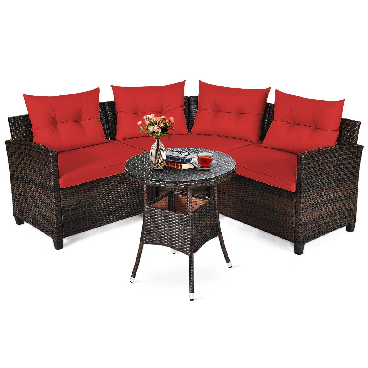 4 Piece Outdoor Rattan Furniture Set, Red - Image 4