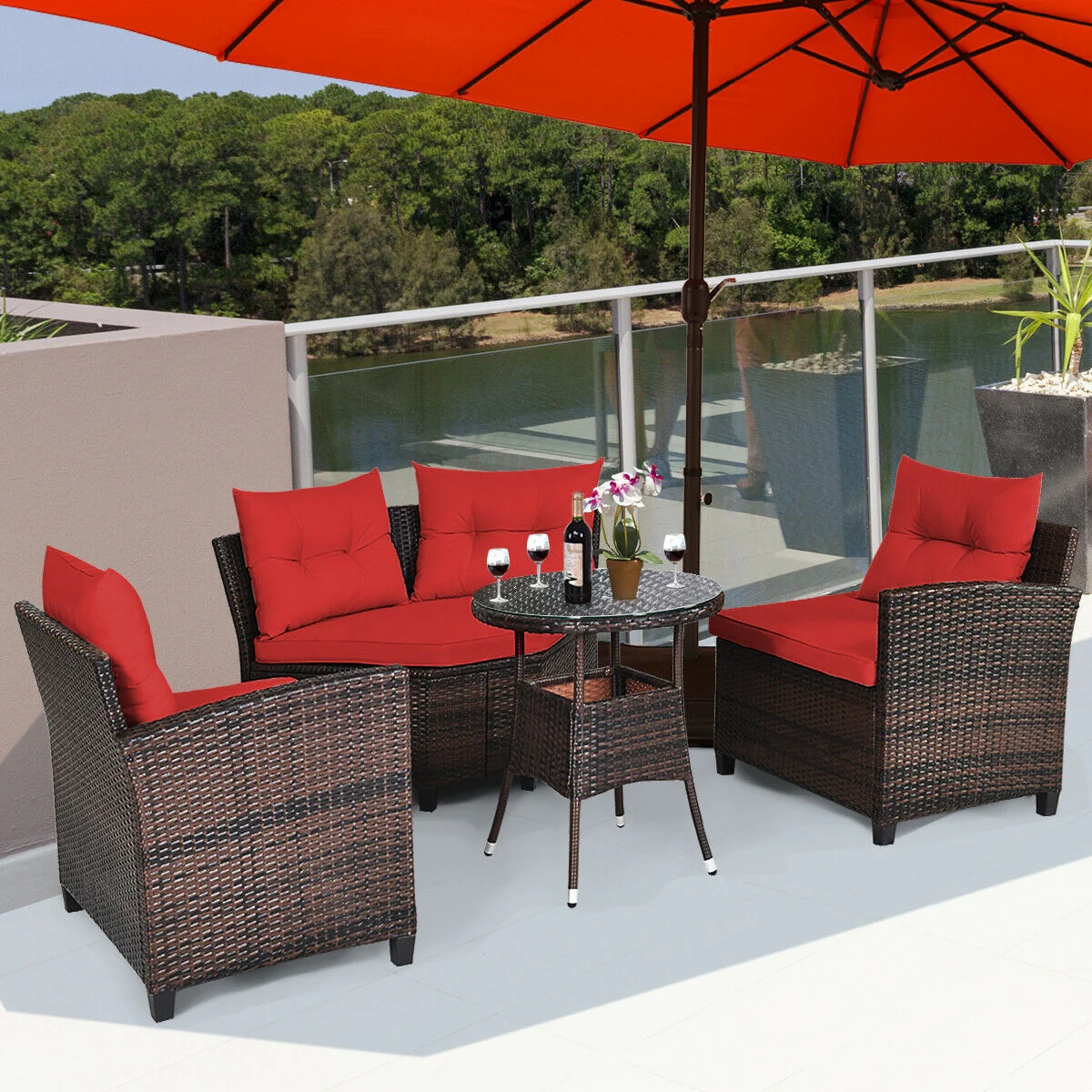 4 Piece Outdoor Rattan Furniture Set, Red - Image 7