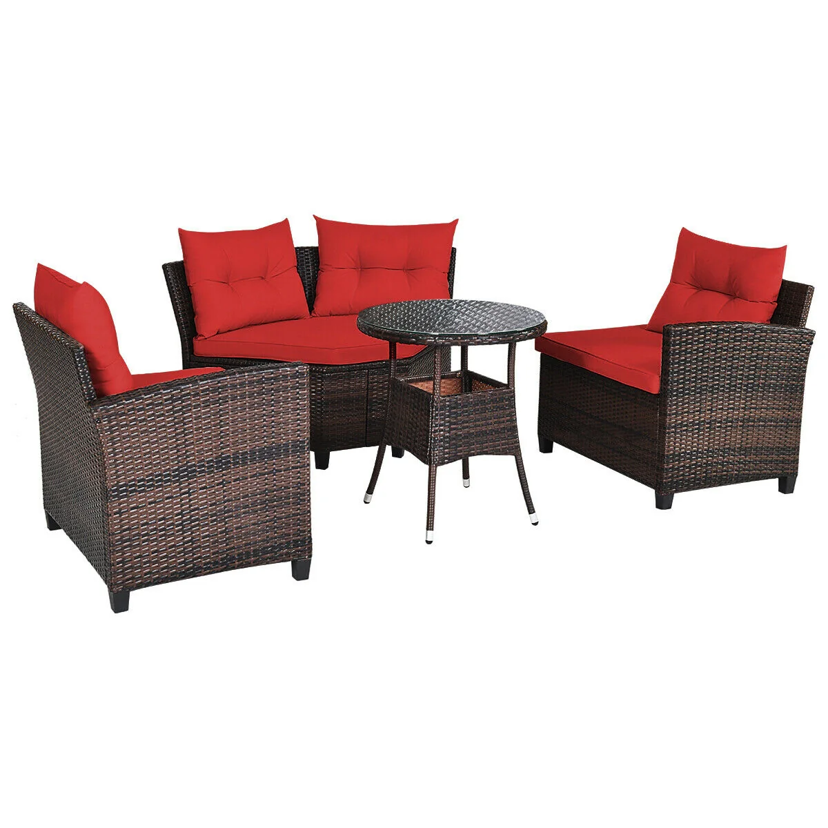 4 Piece Outdoor Rattan Furniture Set, Red - Image 8