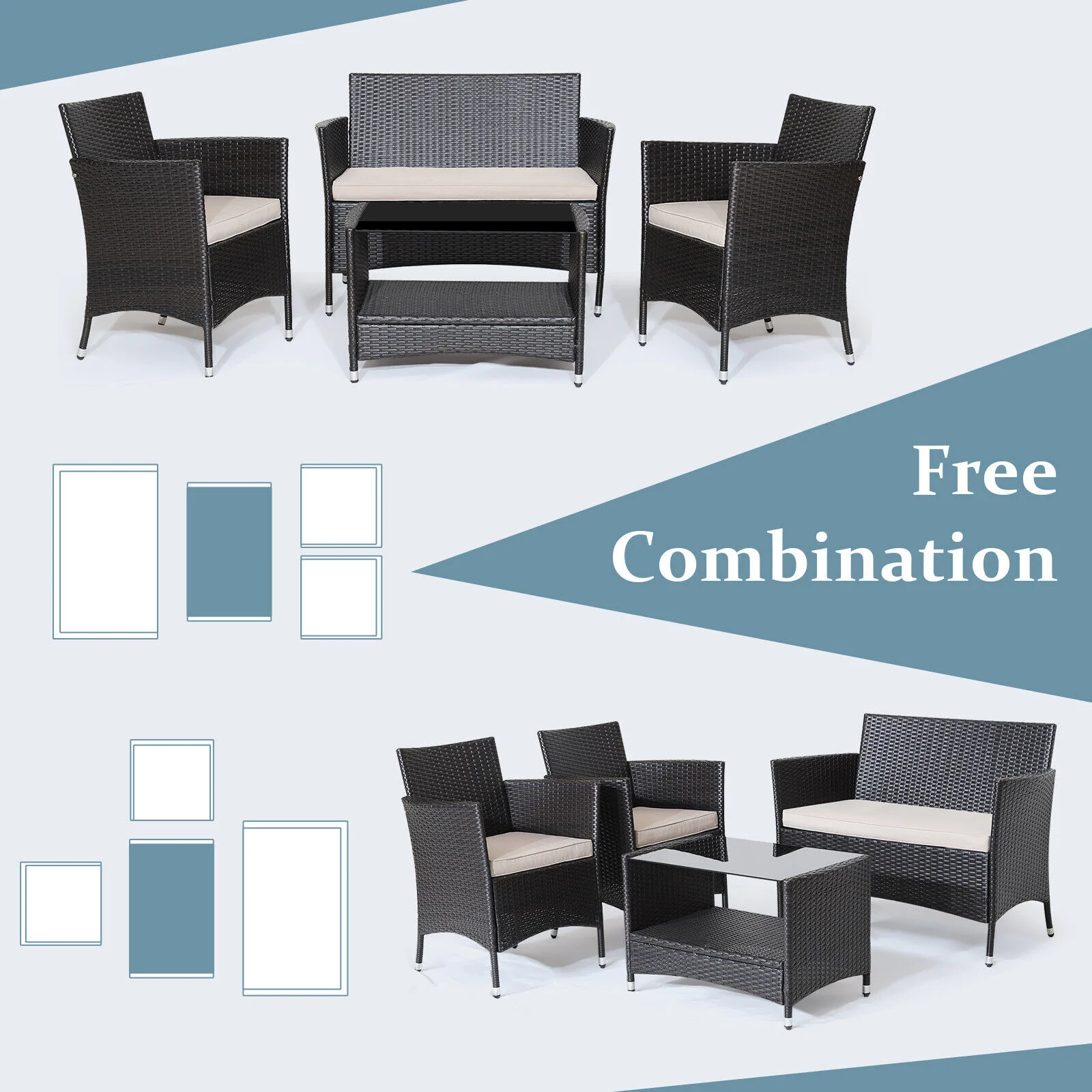 4 Piece Patio Conversation Set, With Cushions And Tempered Glass Tabletop, Brown - Image 8