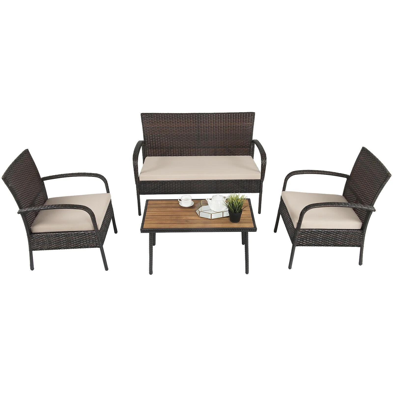 4 Piece Patio Cushioned Wicker Conversation Set, Acacia Wood Tabletop, Brown - Image 10