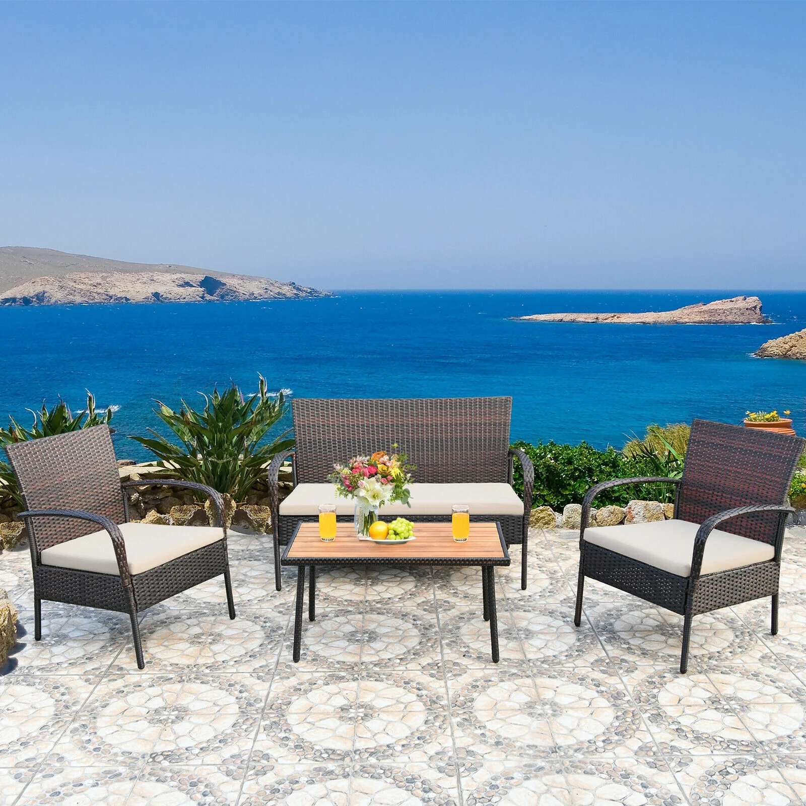 4 Piece Patio Cushioned Wicker Conversation Set, Acacia Wood Tabletop, Brown - Image 8