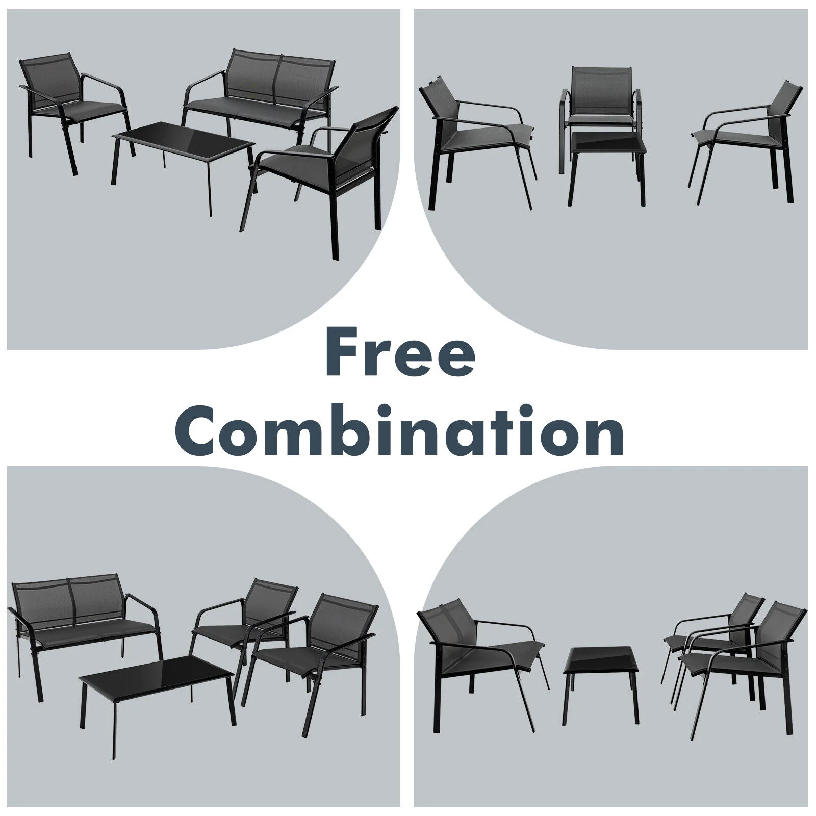 4 Piece Patio Furniture Set, Armrest Loveseat Sofas, Glass Table, Black - Image 10