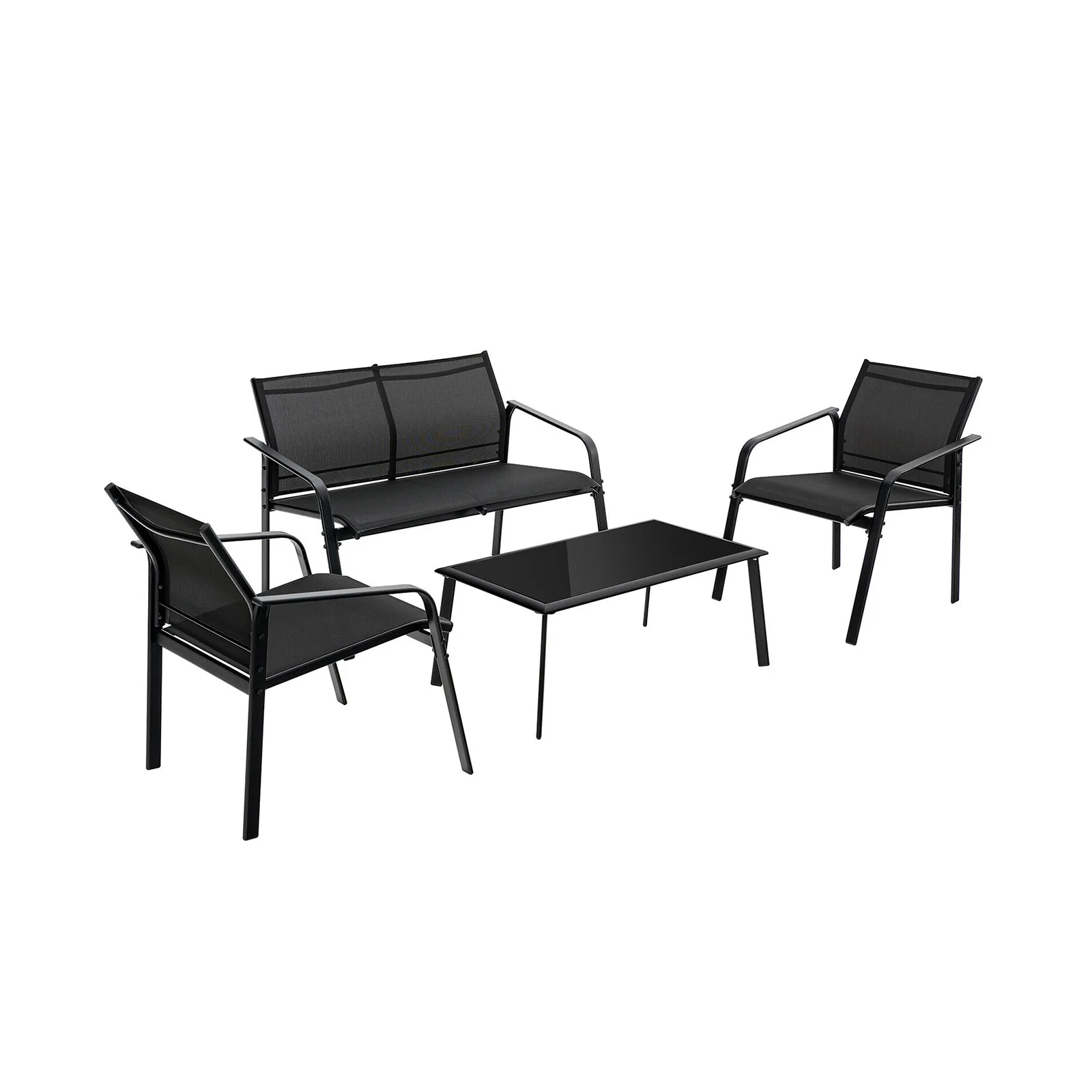 4 Piece Patio Furniture Set, Armrest Loveseat Sofas, Glass Table, Black - Image 4