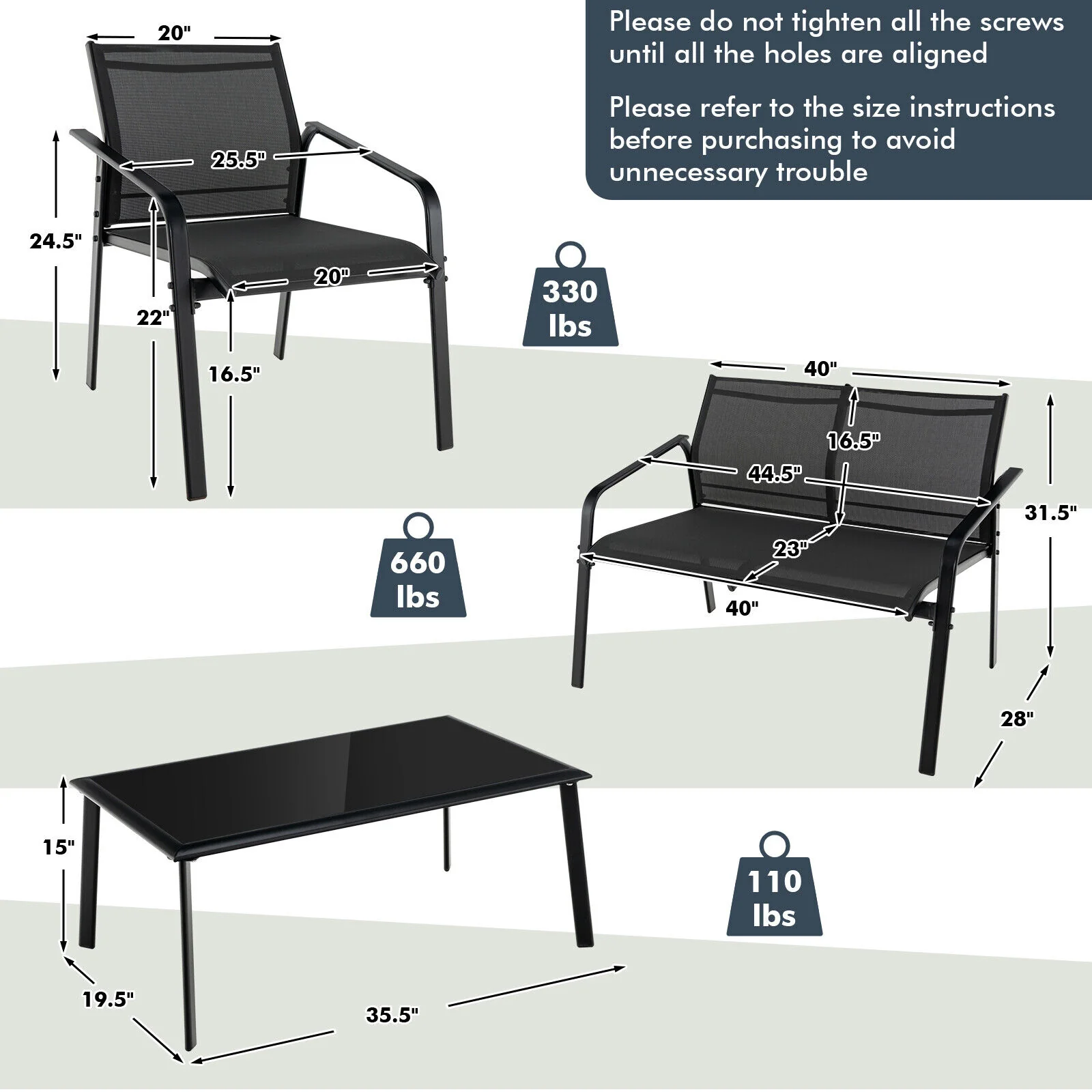 4 Piece Patio Furniture Set, Armrest Loveseat Sofas, Glass Table, Black - Image 6