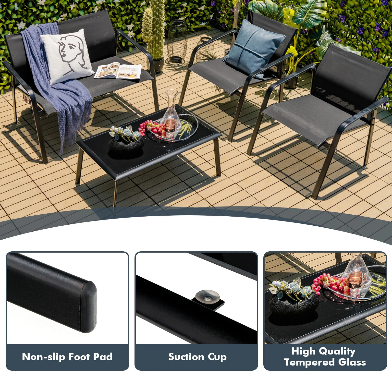 4 Piece Patio Furniture Set, Armrest Loveseat Sofas, Glass Table, Black - Image 9