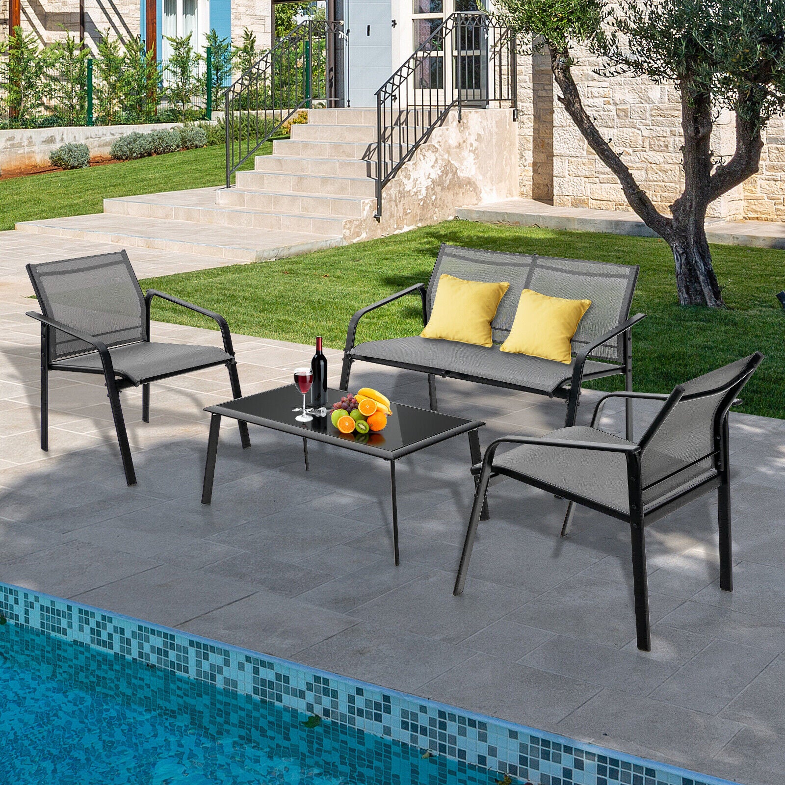 4 Piece Patio Furniture Set, Armrest Loveseat Sofas, Glass Table Deck, Gray - Image 3