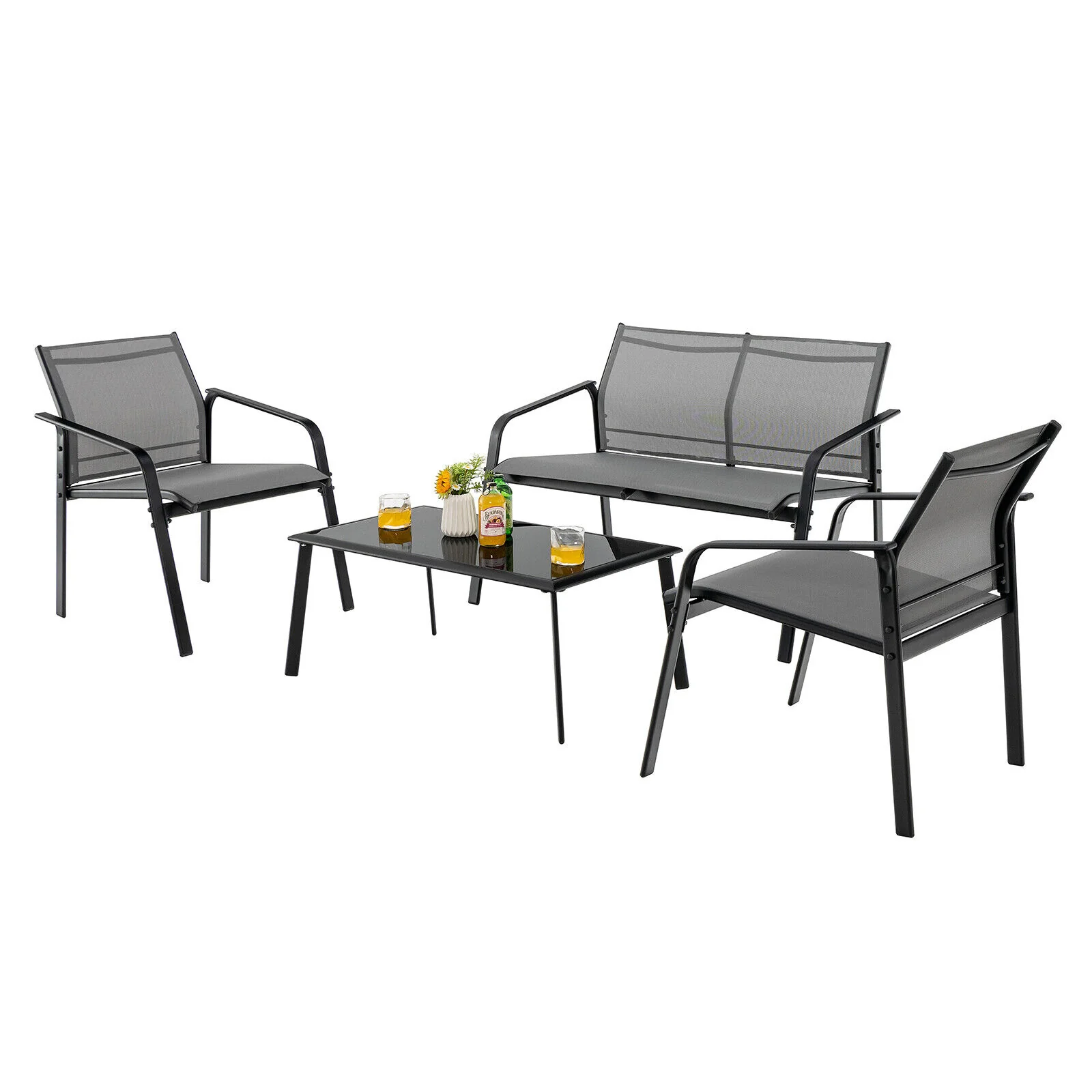 4 Piece Patio Furniture Set, Armrest Loveseat Sofas, Glass Table Deck, Gray - Image 5