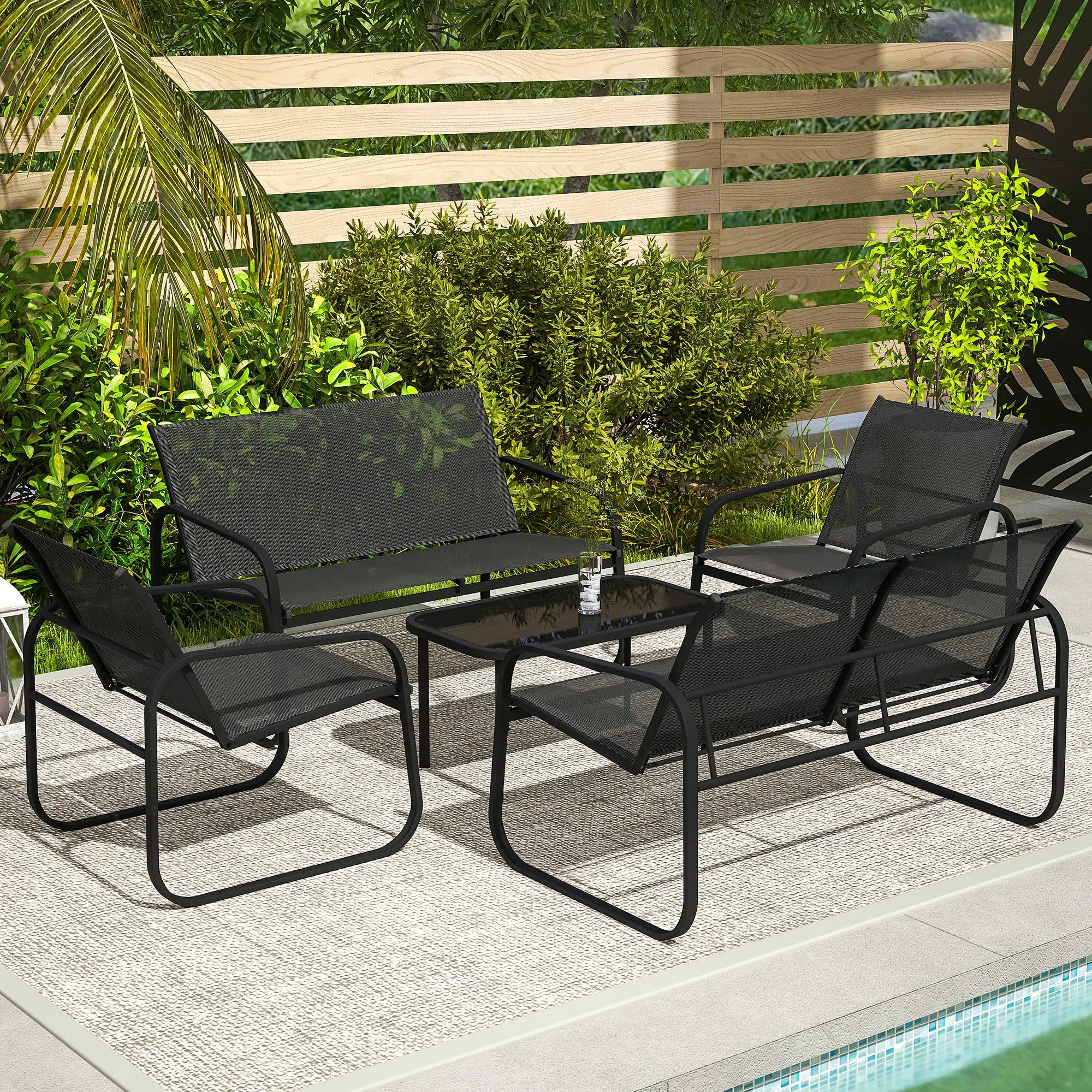 4 Piece Patio Furniture Set, 2 Loveseats, 2 Armchairs, Glass Table, Black - Image 10
