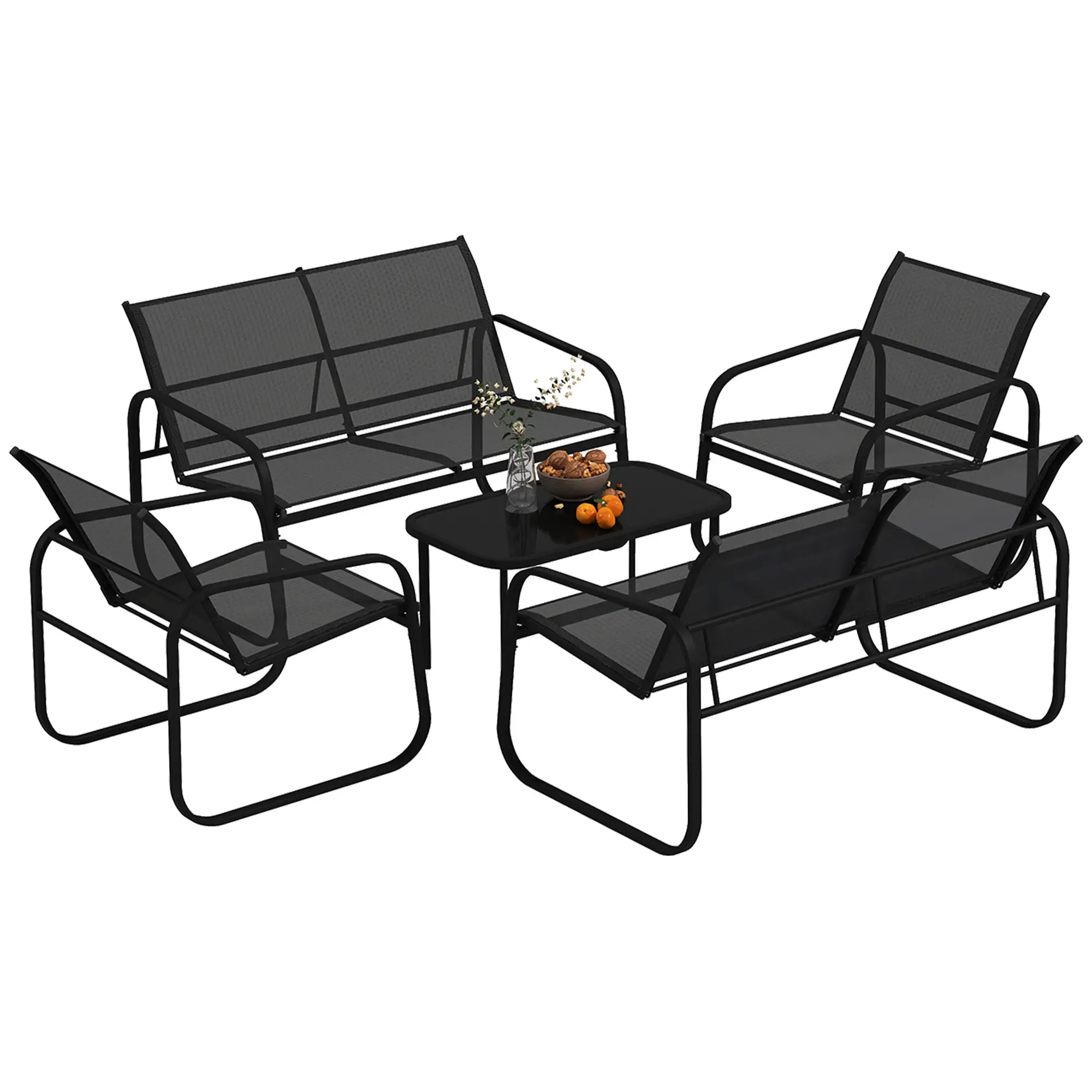4 Piece Patio Furniture Set, 2 Loveseats, 2 Armchairs, Glass Table, Black - Image 11