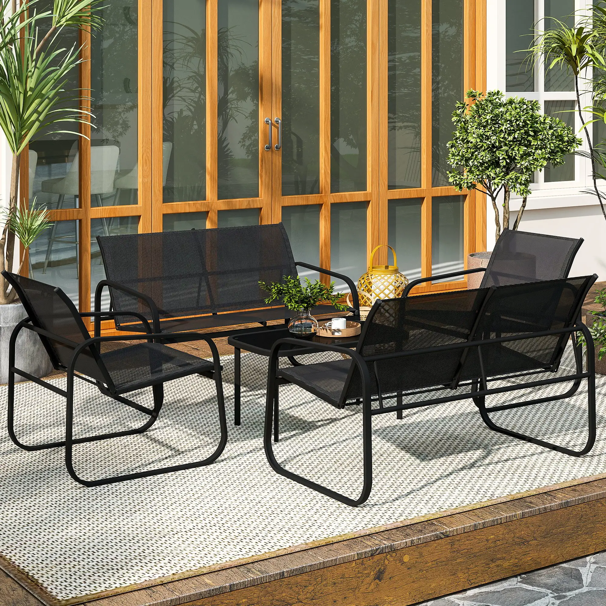 4 Piece Patio Furniture Set, 2 Loveseats, 2 Armchairs, Glass Table, Black - Image 2