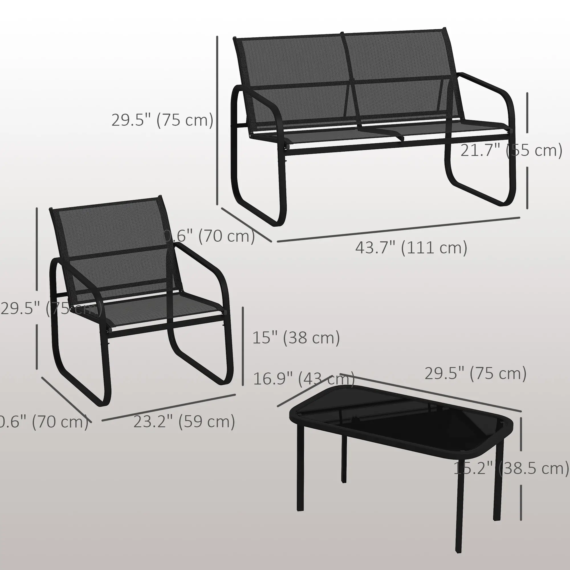 4 Piece Patio Furniture Set, 2 Loveseats, 2 Armchairs, Glass Table, Black - Image 3