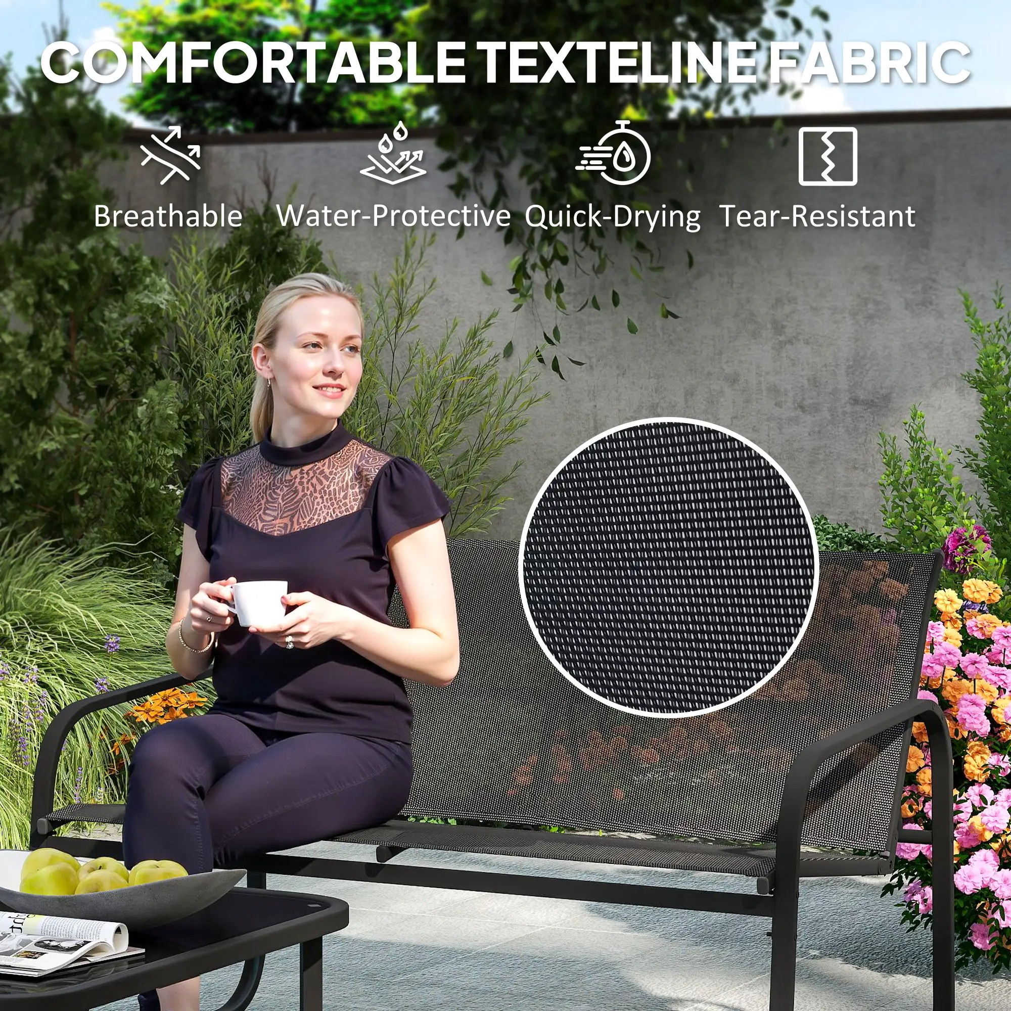 4 Piece Patio Furniture Set, 2 Loveseats, 2 Armchairs, Glass Table, Black - Image 5