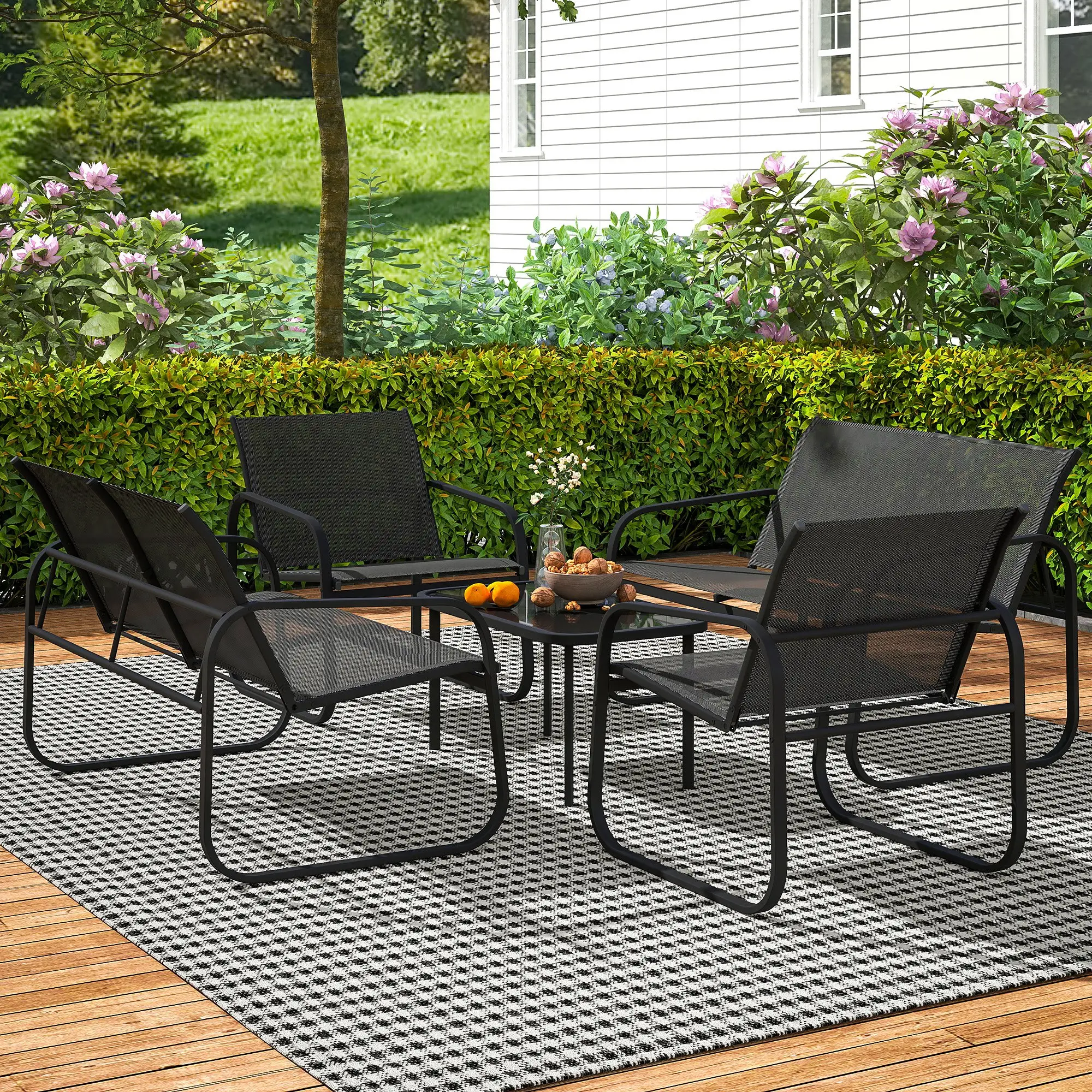 4 Piece Patio Furniture Set, 2 Loveseats, 2 Armchairs, Glass Table, Black - Image 8