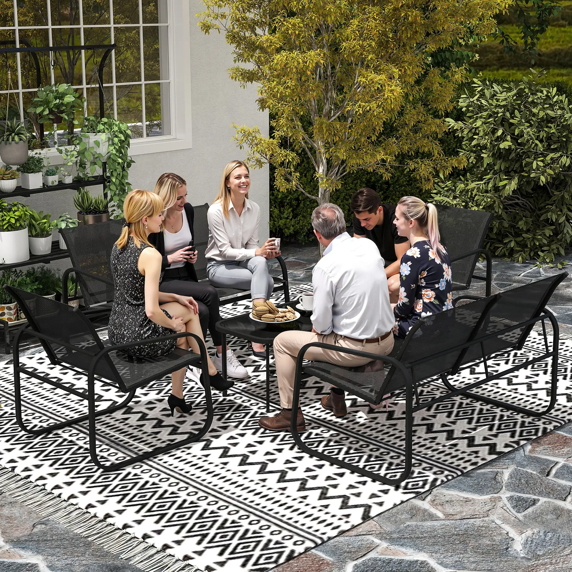 4 Piece Patio Furniture Set, 2 Loveseats, 2 Armchairs, Glass Table, Black - Image 9